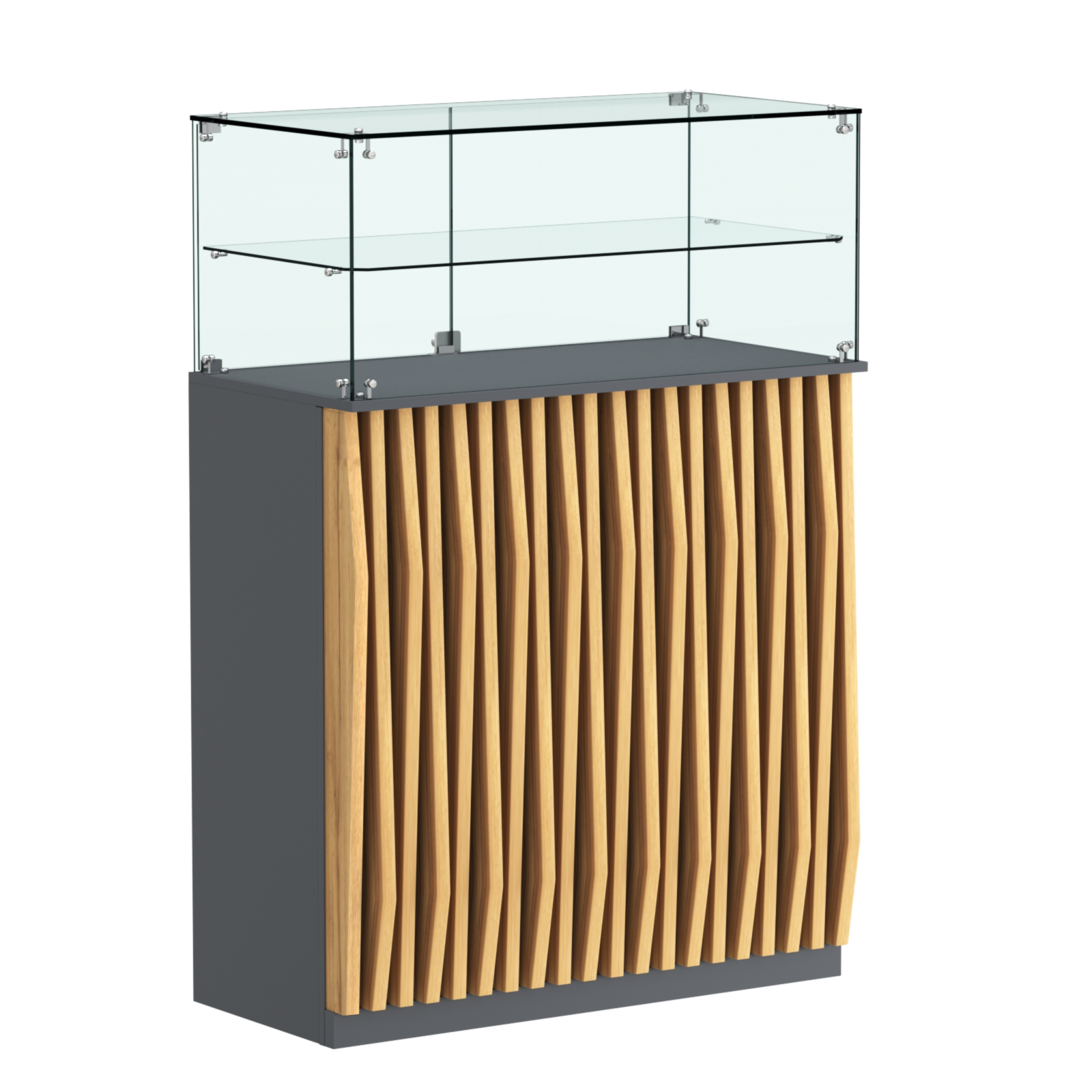 Торговый прилавок прямоугольный с планками и одной полкой ОРНАМЕНТ №2 Темно-Серый  + Дуб Золотистый