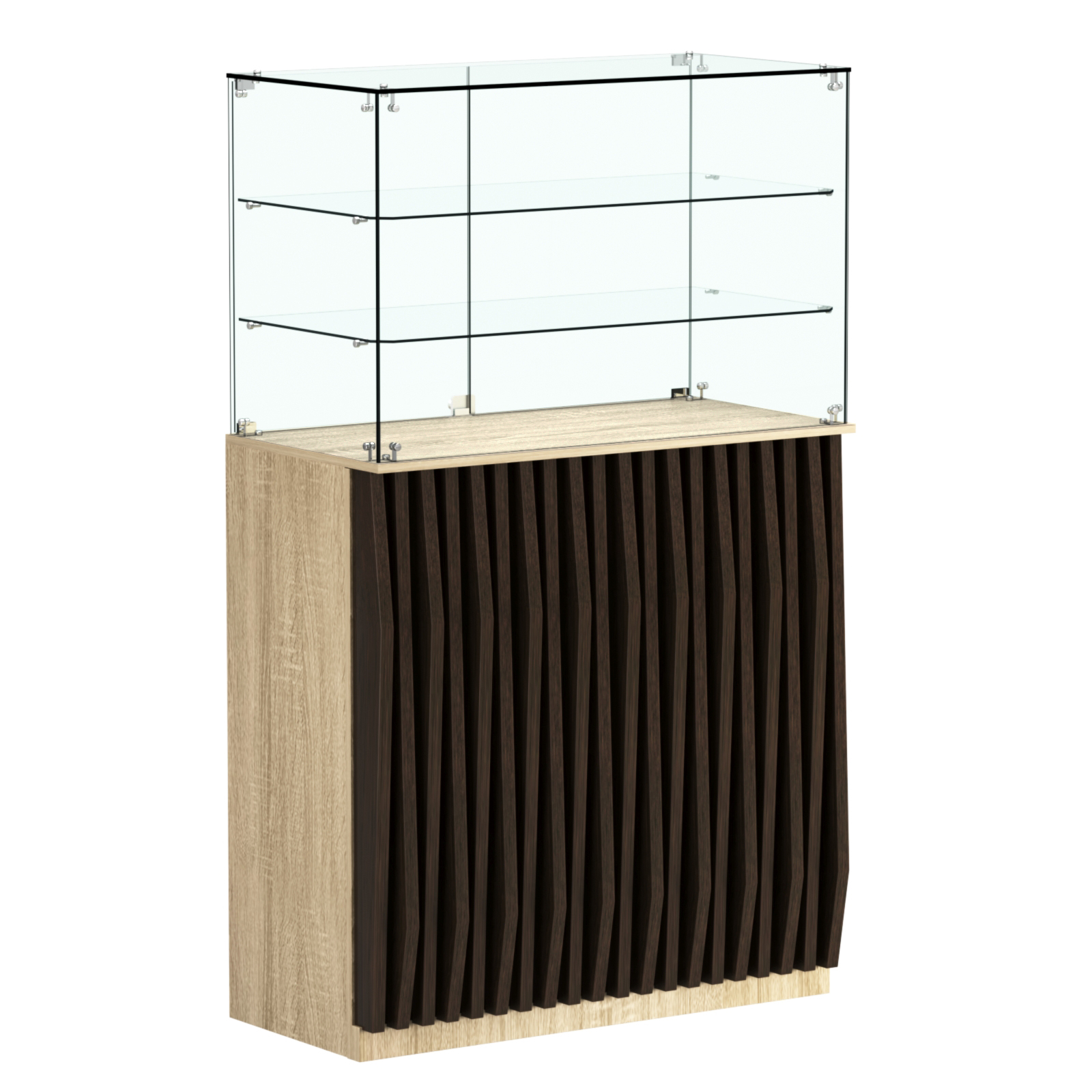 Торговый прилавок прямоугольный с планками и двумя полками ОРНАМЕНТ №3 Дуб Сонома + Дуб Венге