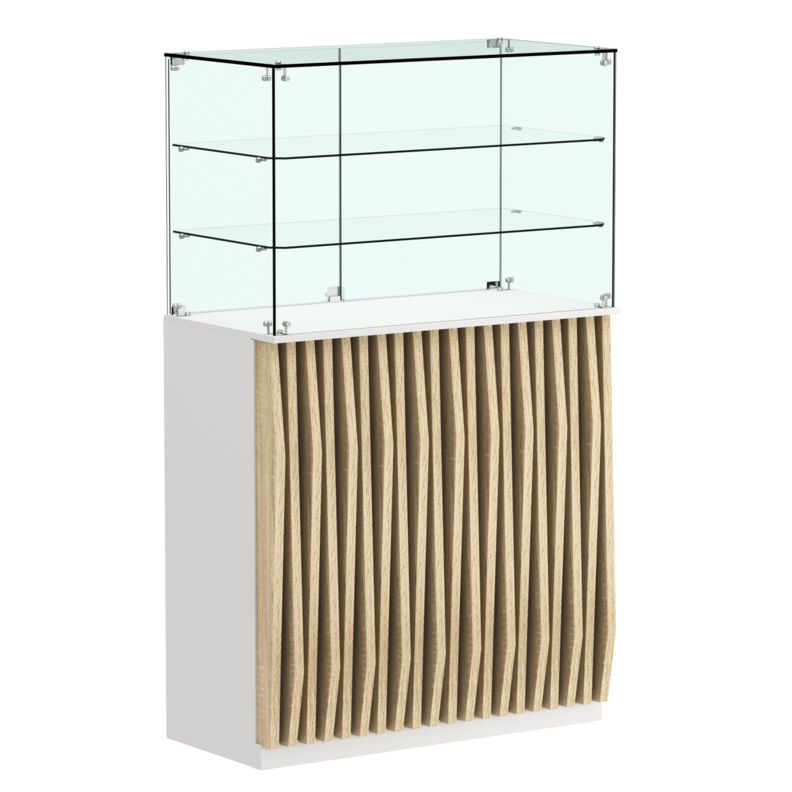 Торговый прилавок прямоугольный с планками и двумя полками ОРНАМЕНТ №3 Белый + Дуб Сонома