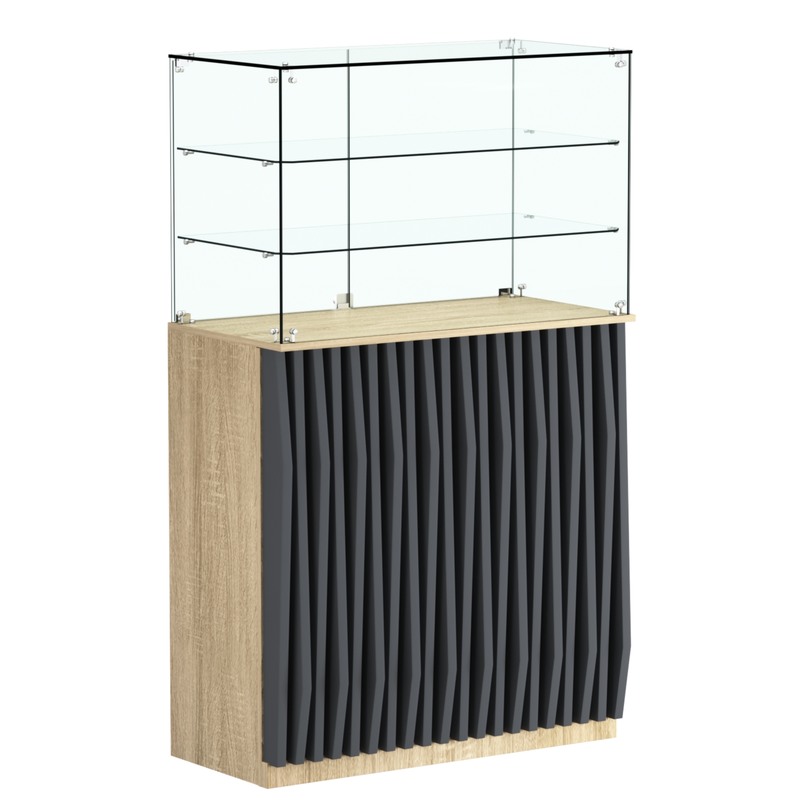 Торговый прилавок прямоугольный с планками и двумя полками ОРНАМЕНТ №3 Дуб Сонома и Темно-Серый 5-U2601