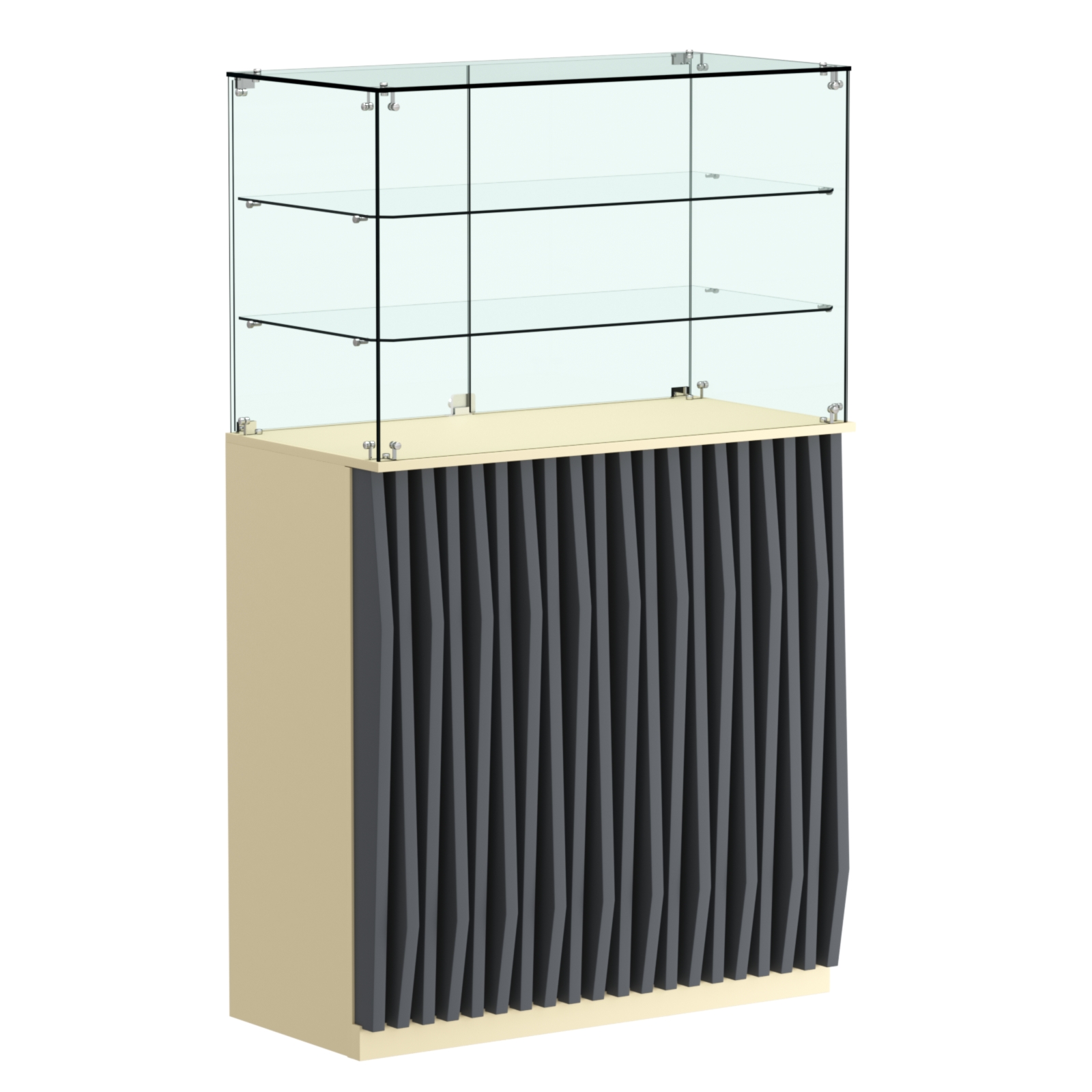 Торговый прилавок прямоугольный с планками и двумя полками ОРНАМЕНТ №3 Крем Вайс и Темно Серый U2236-U2601