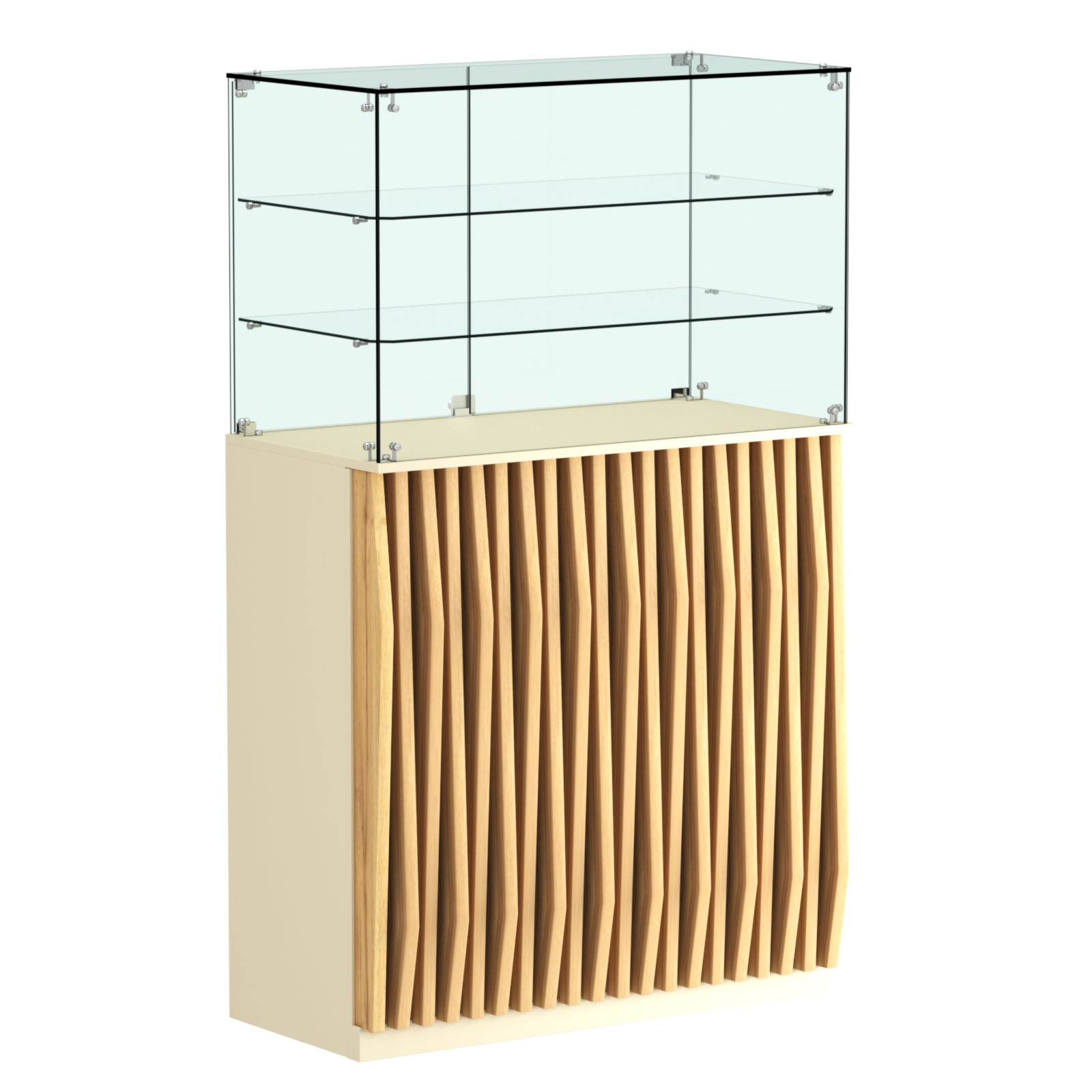 Торговый прилавок прямоугольный с планками и двумя полками ОРНАМЕНТ №3 Крем Вайс и Дуб Золотистый