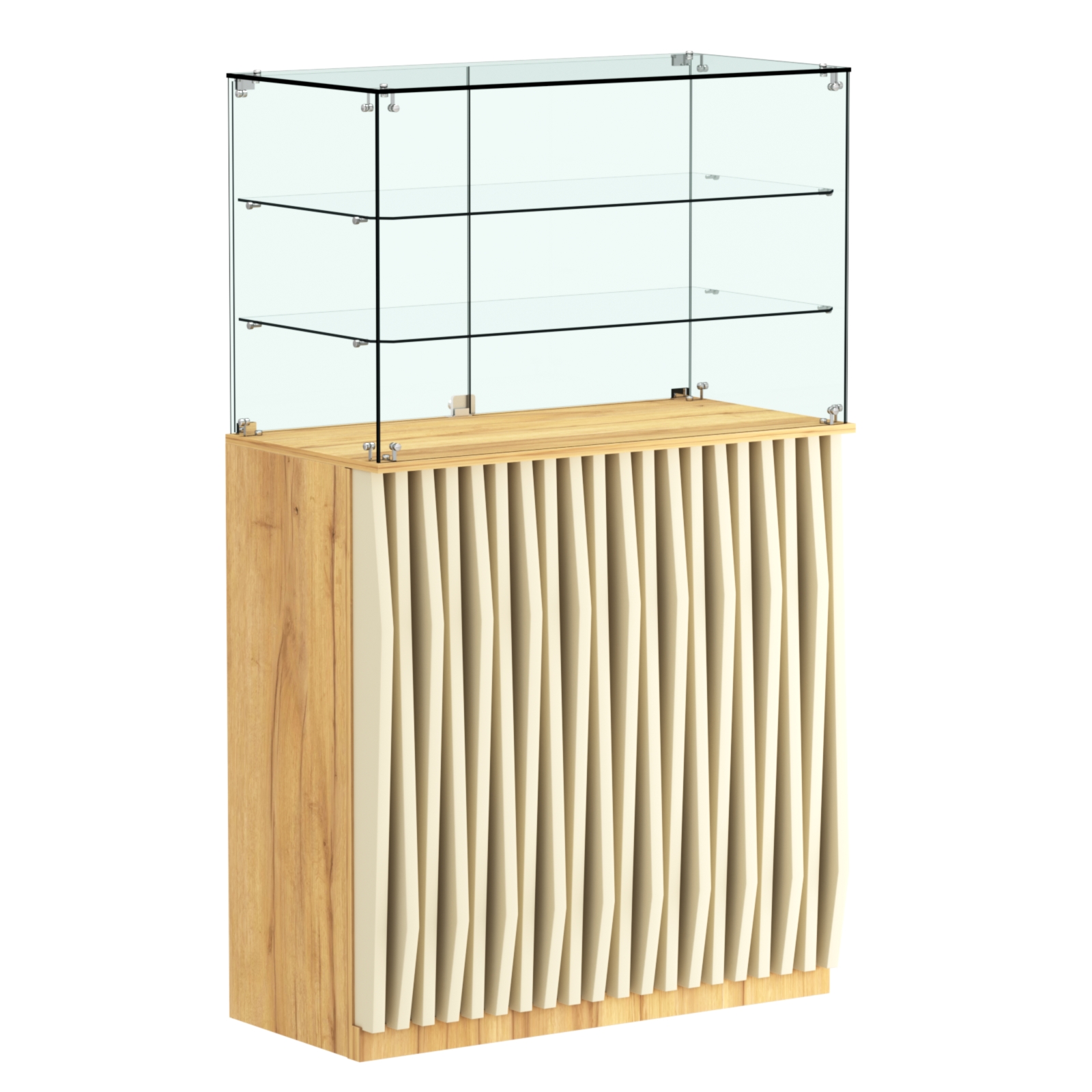 Торговый прилавок прямоугольный с планками и двумя полками ОРНАМЕНТ №3 Дуб Золотистый и Крем Вайс