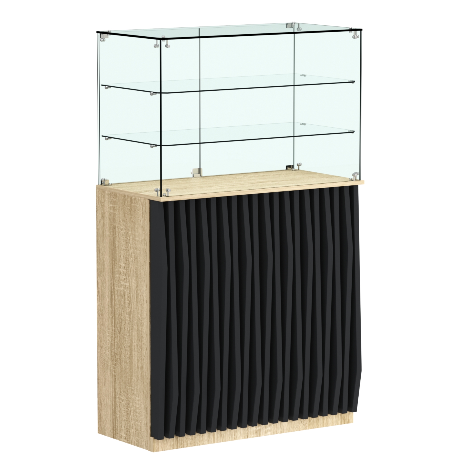 Торговый прилавок прямоугольный с планками и двумя полками ОРНАМЕНТ №3 Дуб сонома, Черный