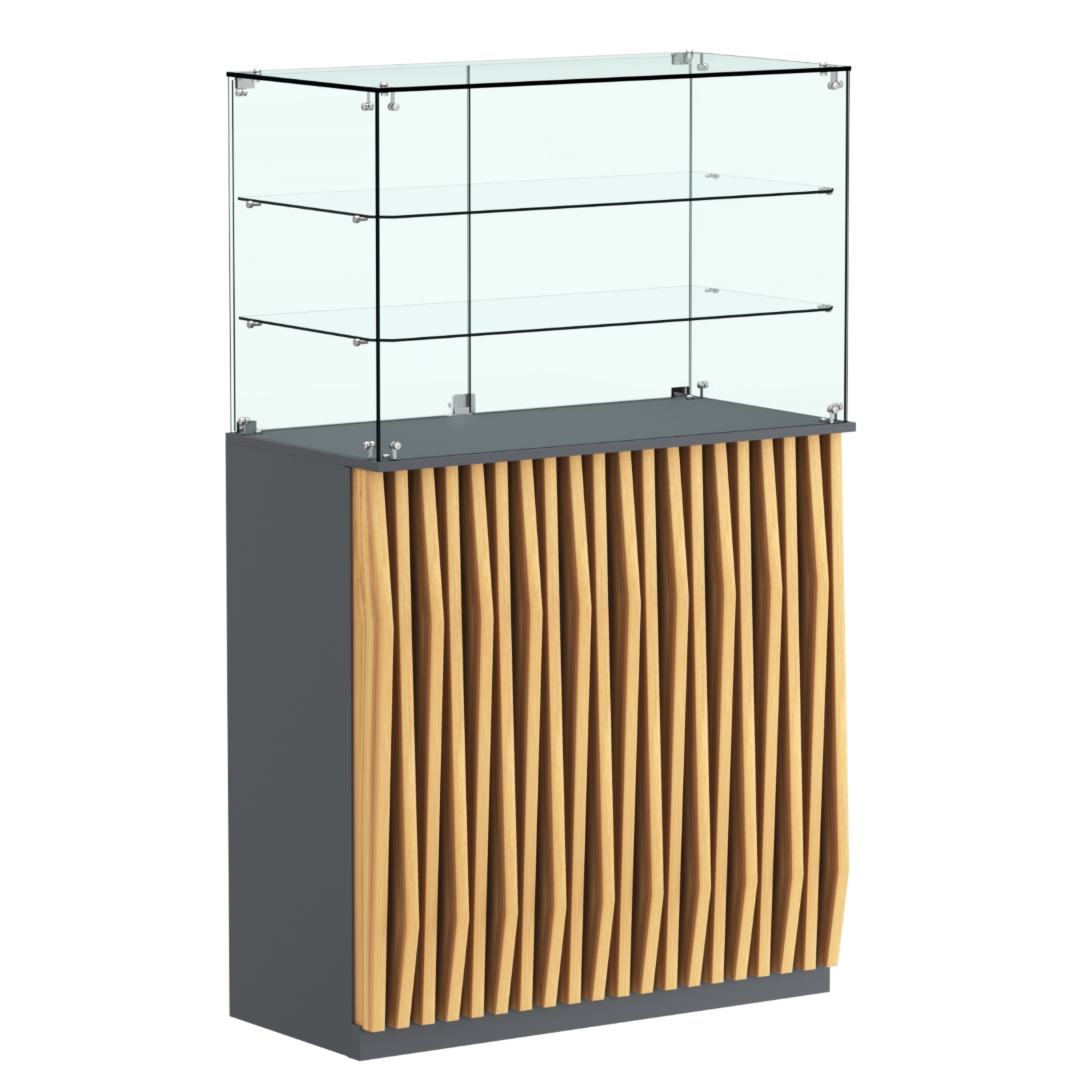 Торговый прилавок прямоугольный с планками и двумя полками ОРНАМЕНТ №3 Темно-Серый  + Дуб Золотистый