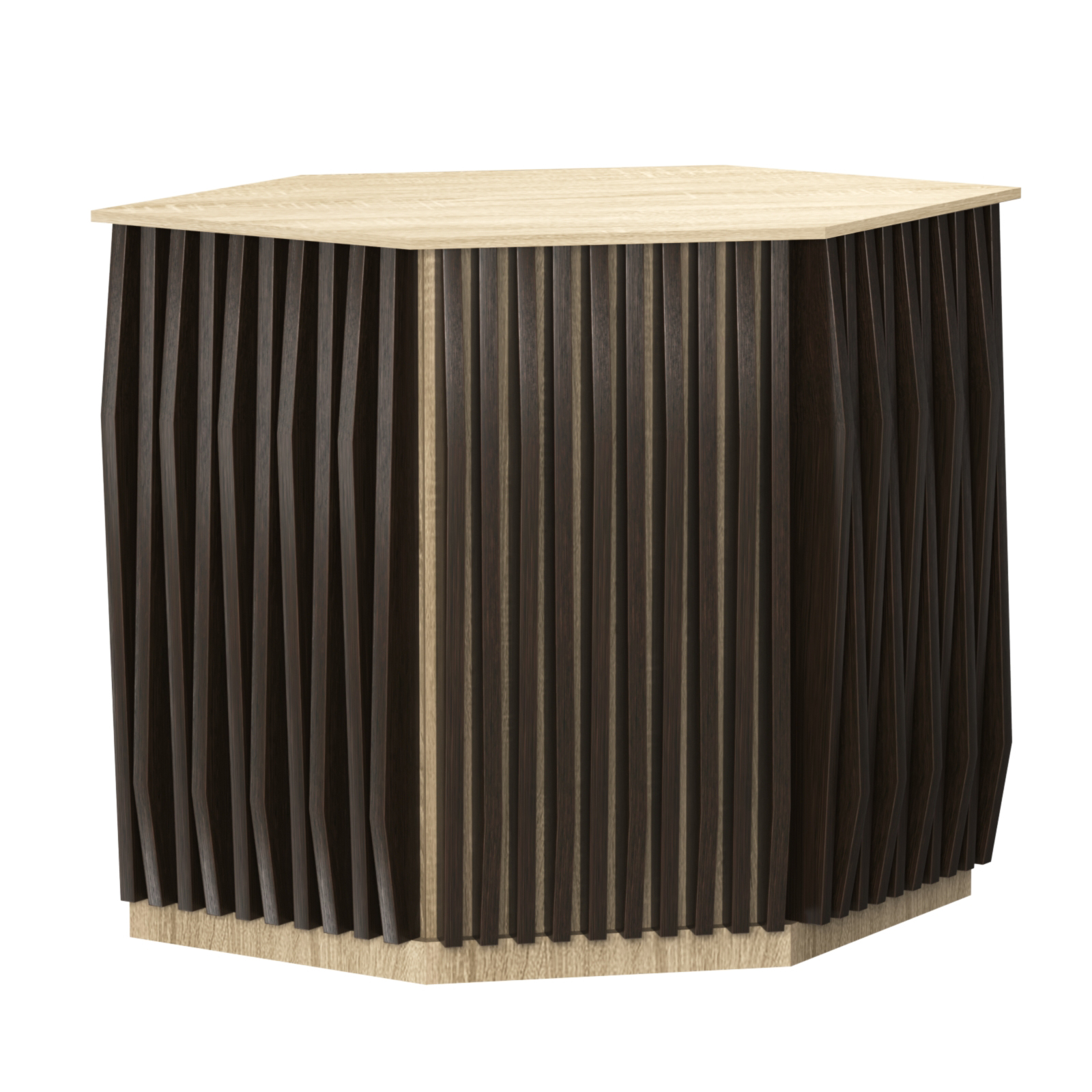 Торговый стол-прилавок шестигранный с планками серии ОРНАМЕНТ №22 Дуб Сонома + Дуб Венге