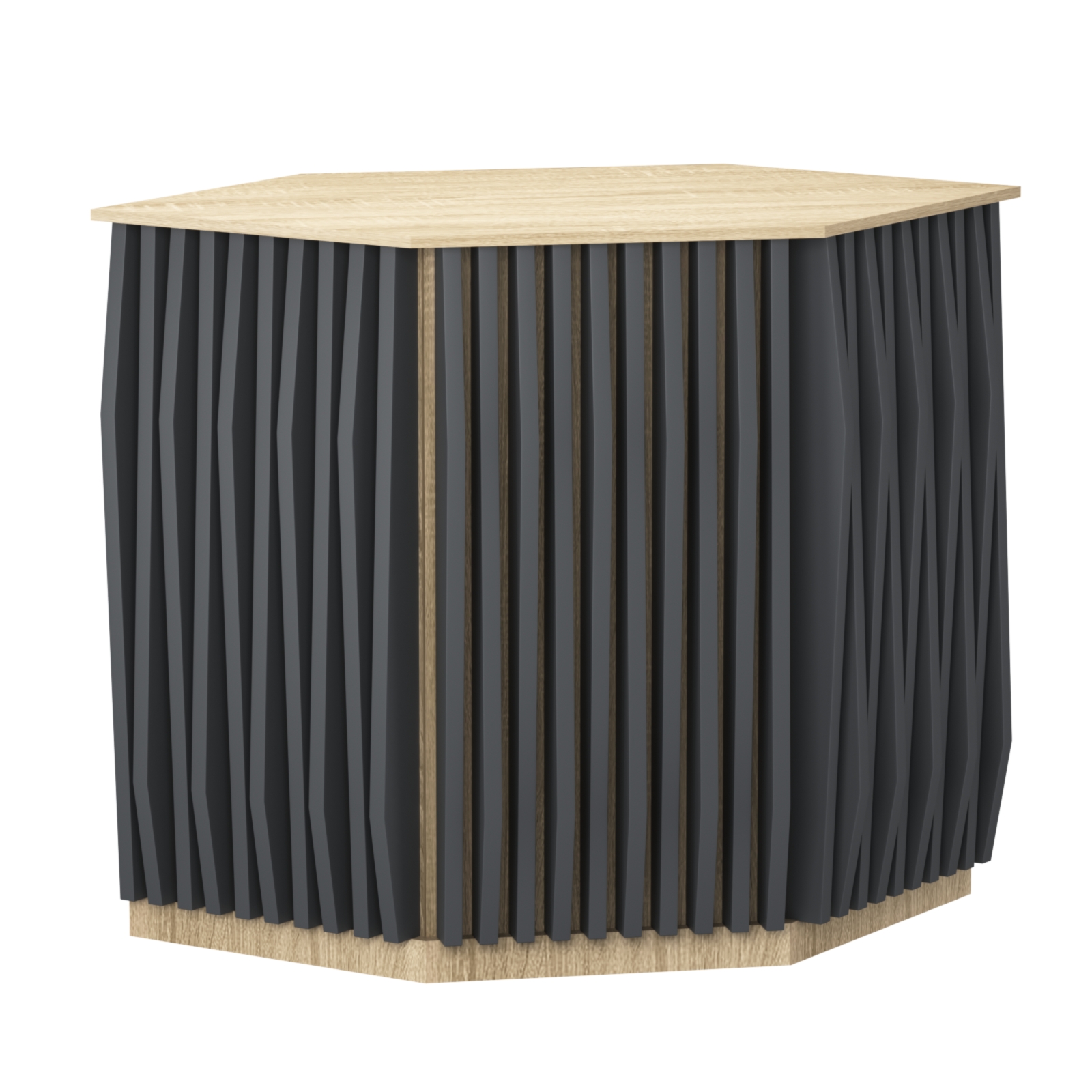 Торговый стол-прилавок шестигранный с планками серии ОРНАМЕНТ №22 Дуб Сонома и Темно-Серый 5-U2601