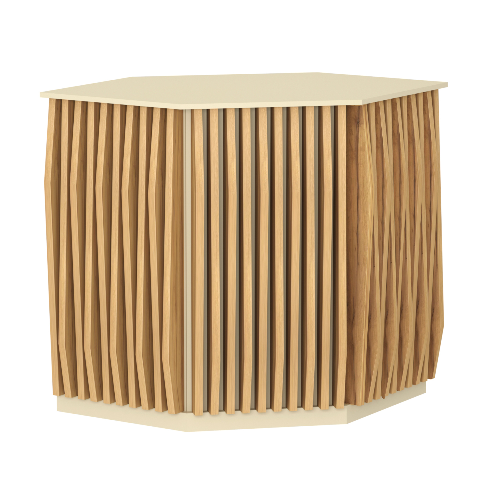 Торговый стол-прилавок шестигранный с планками серии ОРНАМЕНТ №22 Крем Вайс и Дуб Золотистый