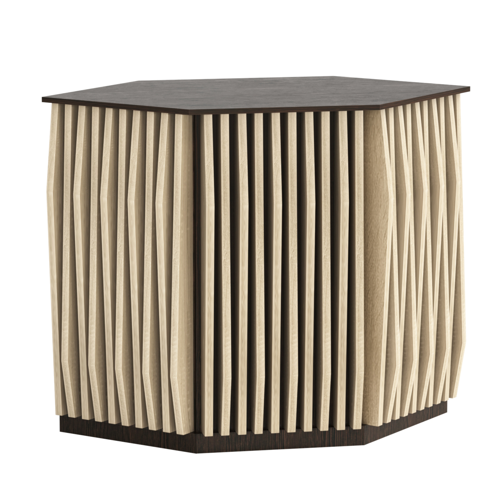 Торговый стол-прилавок шестигранный с планками серии ОРНАМЕНТ №22 Дуб Венге + Дуб Сонома