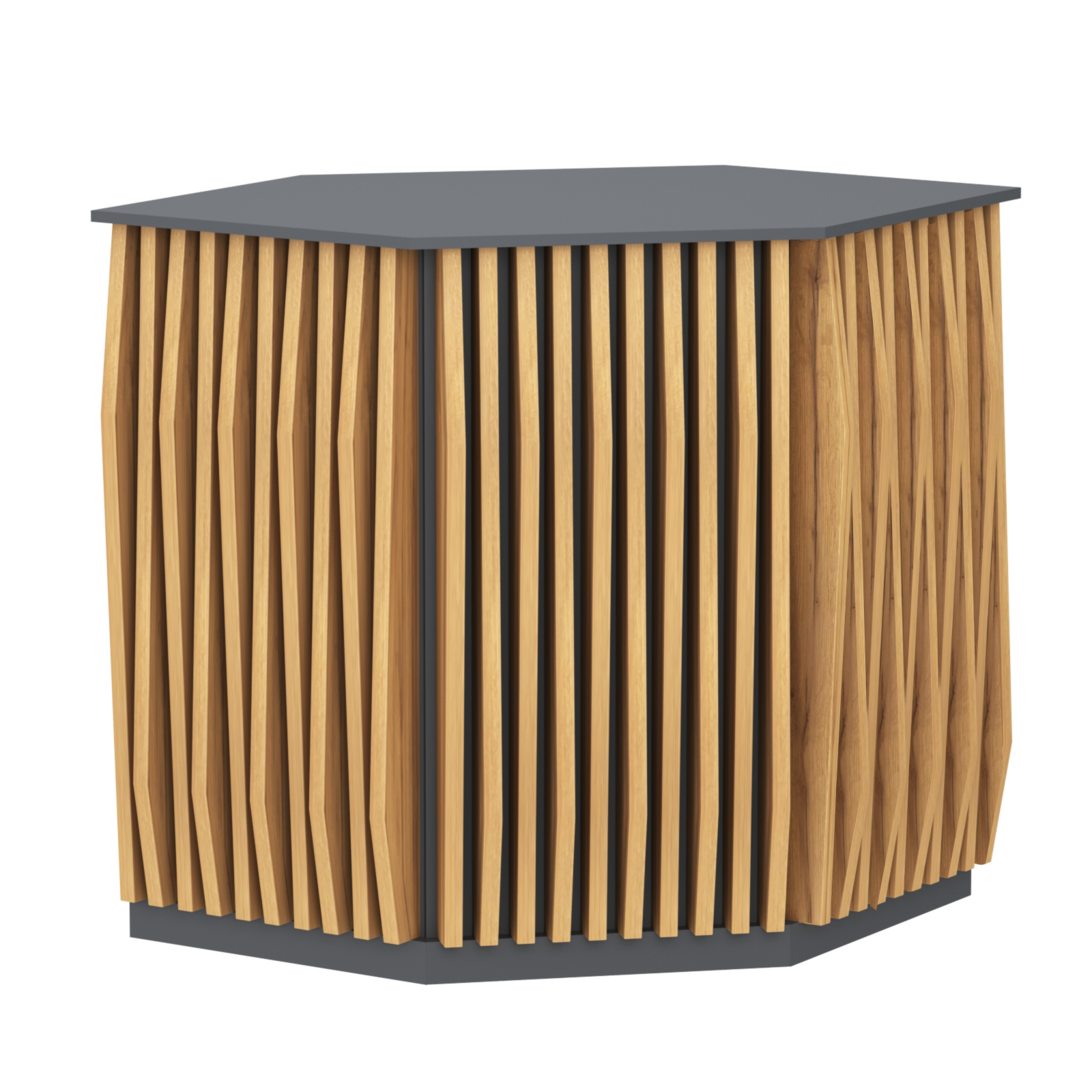 Торговый стол-прилавок шестигранный с планками серии ОРНАМЕНТ №22 Темно-Серый  + Дуб Золотистый