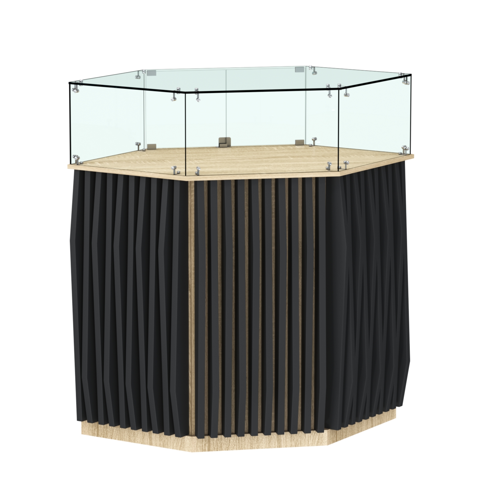 Торговый прилавок шестигранный с планками и стеклянным колпаком ОРНАМЕНТ №6 Дуб сонома, Черный