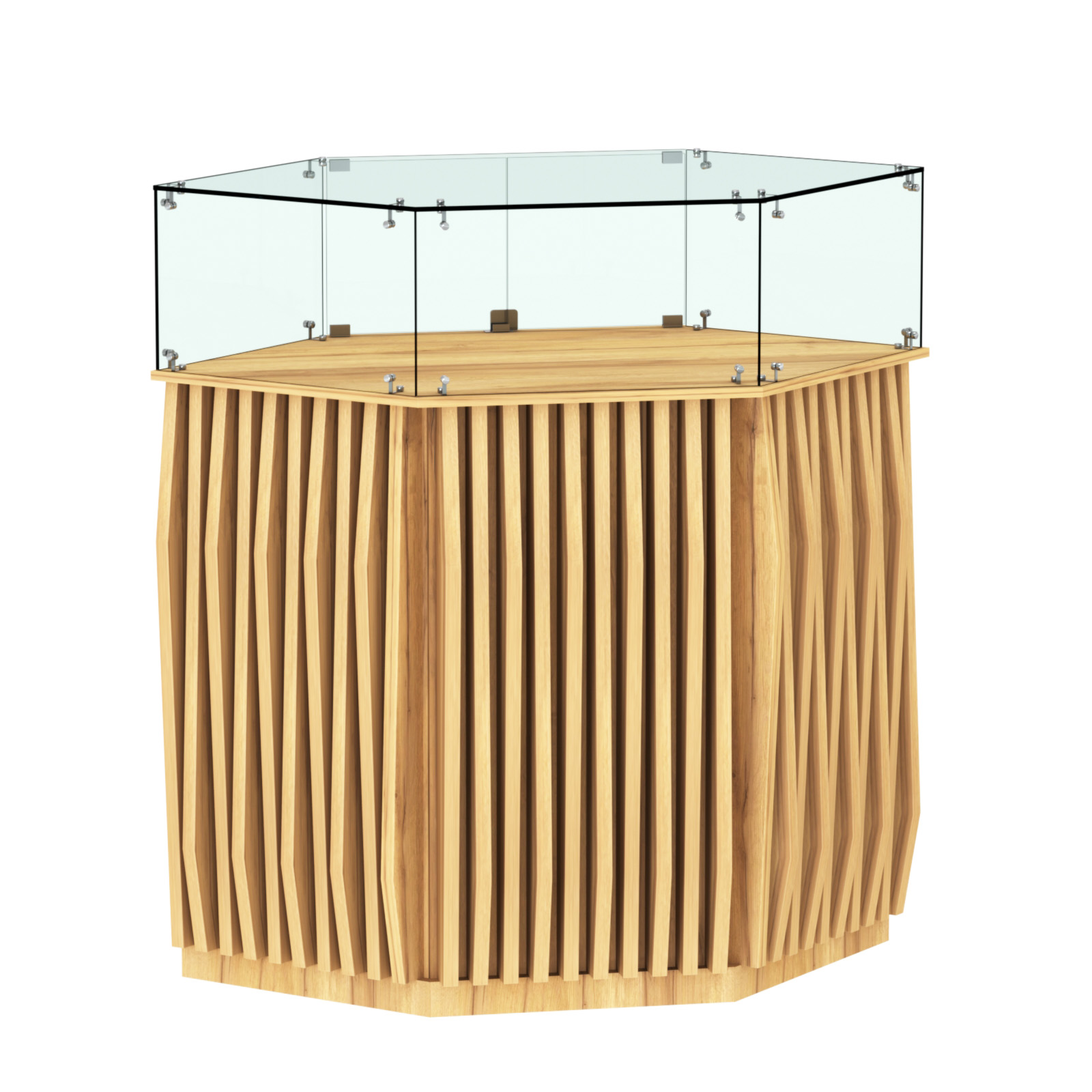 Торговый прилавок шестигранный с планками и стеклянным колпаком ОРНАМЕНТ №6 Дуб Золотистый