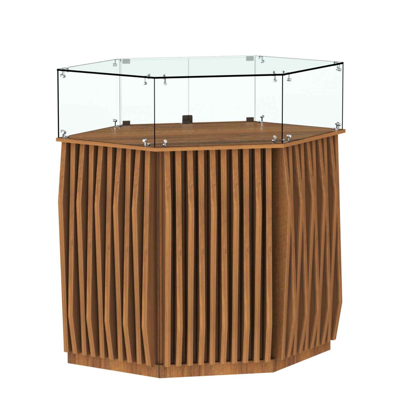 Торговый прилавок шестигранный с планками и стеклянным колпаком ОРНАМЕНТ №6 Орех