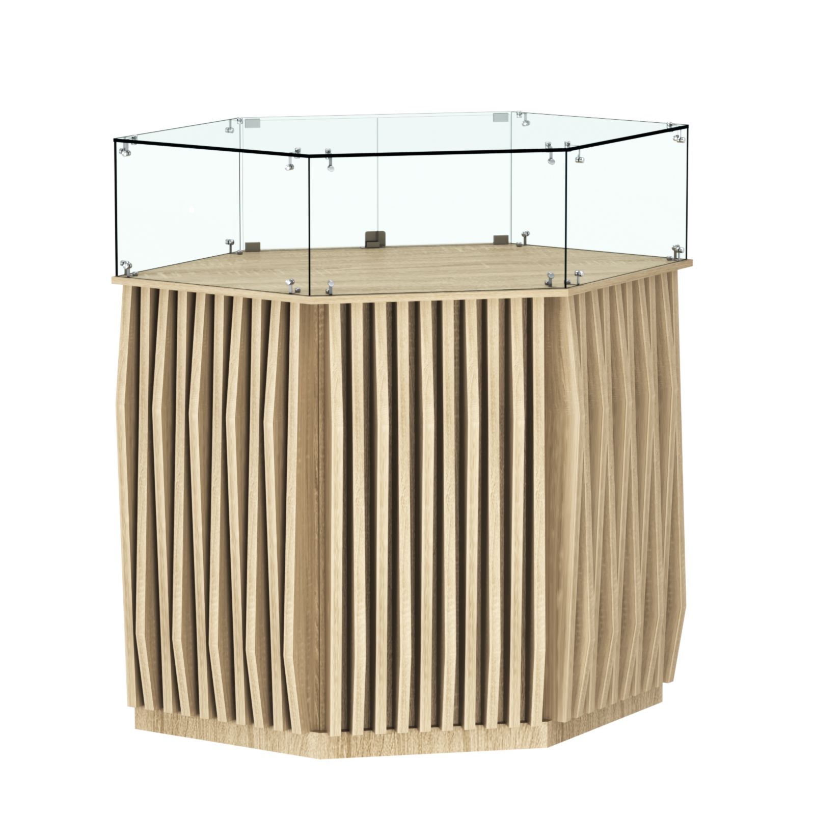 Торговый прилавок шестигранный с планками и стеклянным колпаком ОРНАМЕНТ №6 Дуб сонома