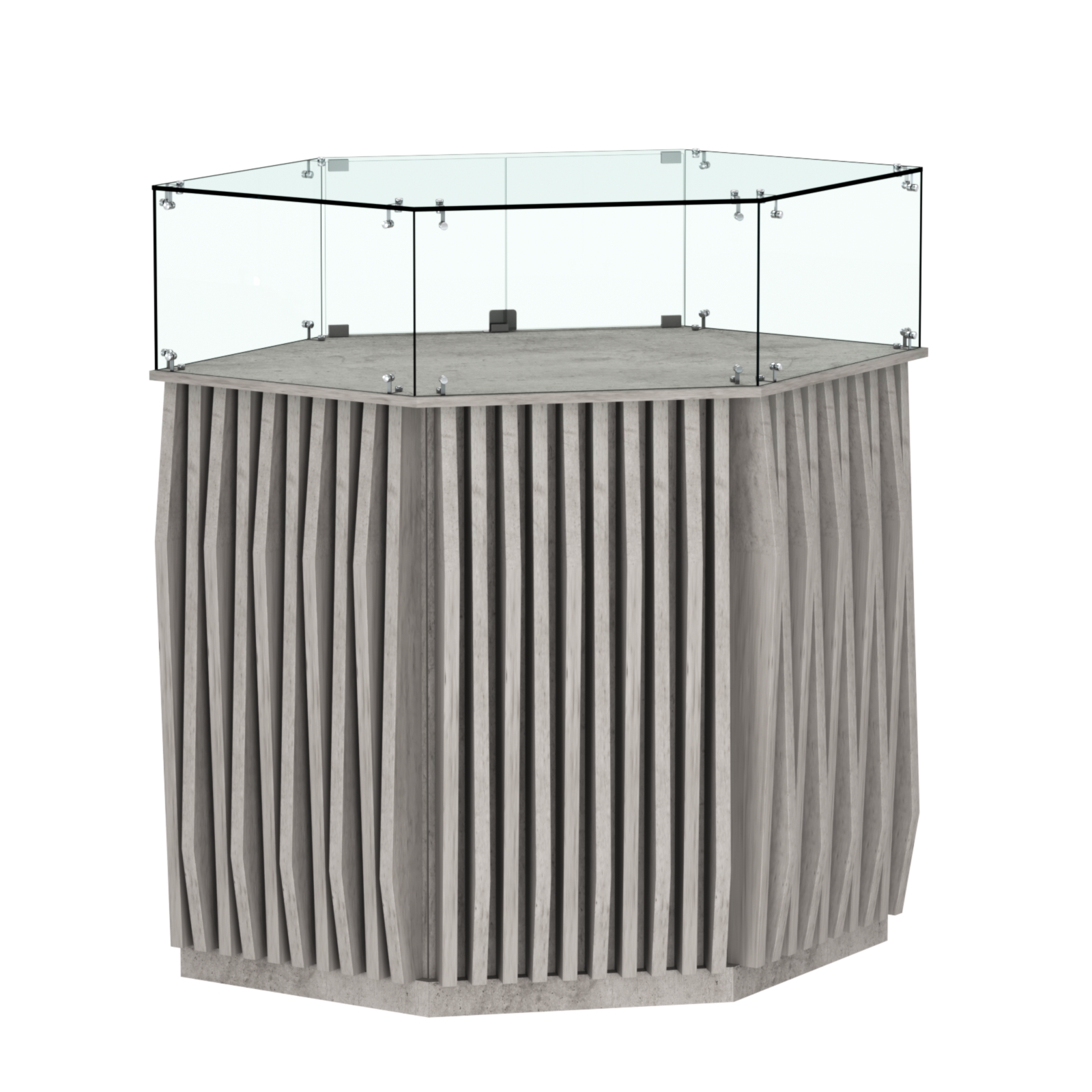 Торговый прилавок шестигранный с планками и стеклянным колпаком ОРНАМЕНТ №6 Бетон Чикаго светло-серый F186 ST9