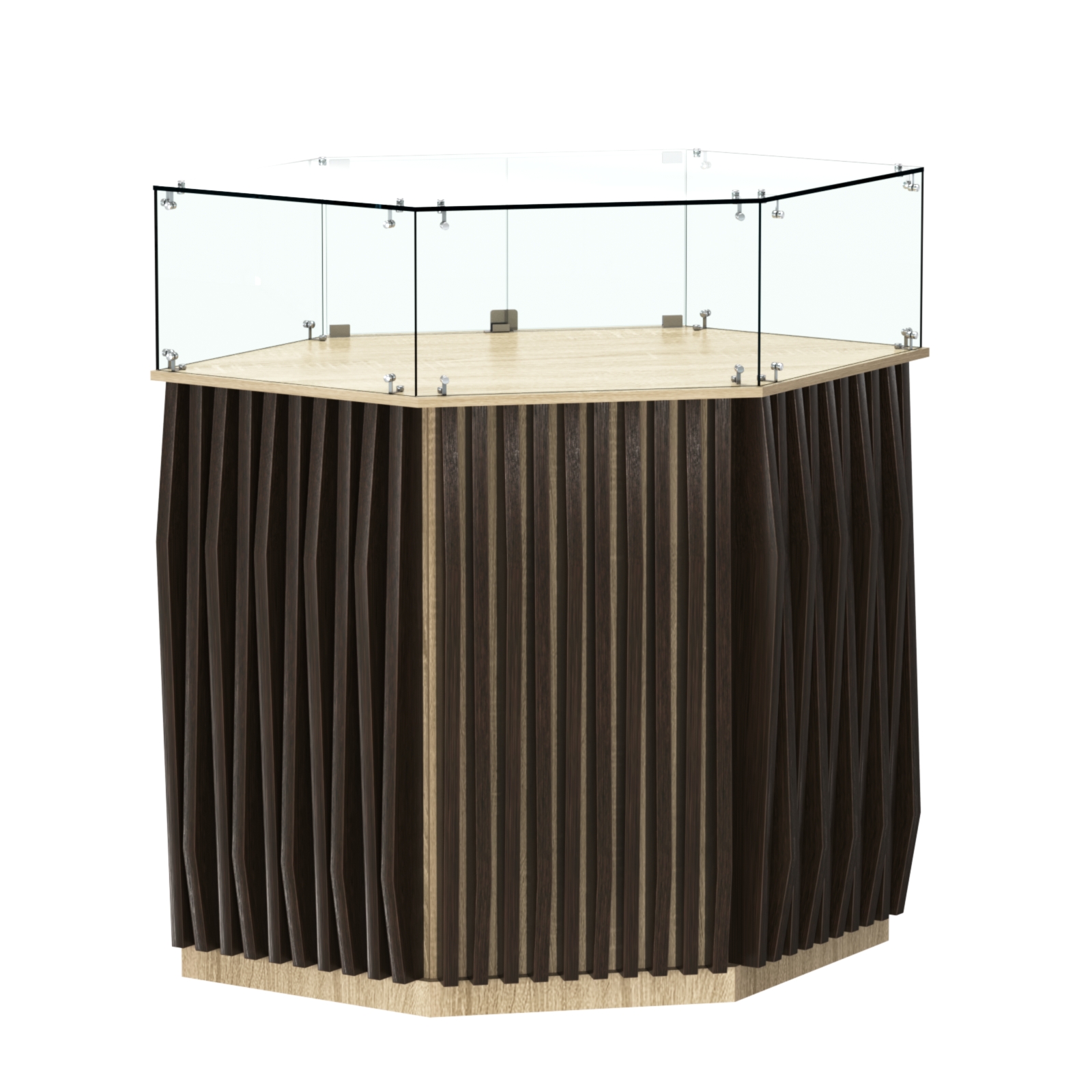 Торговый прилавок шестигранный с планками и стеклянным колпаком ОРНАМЕНТ №6 Дуб Сонома + Дуб Венге