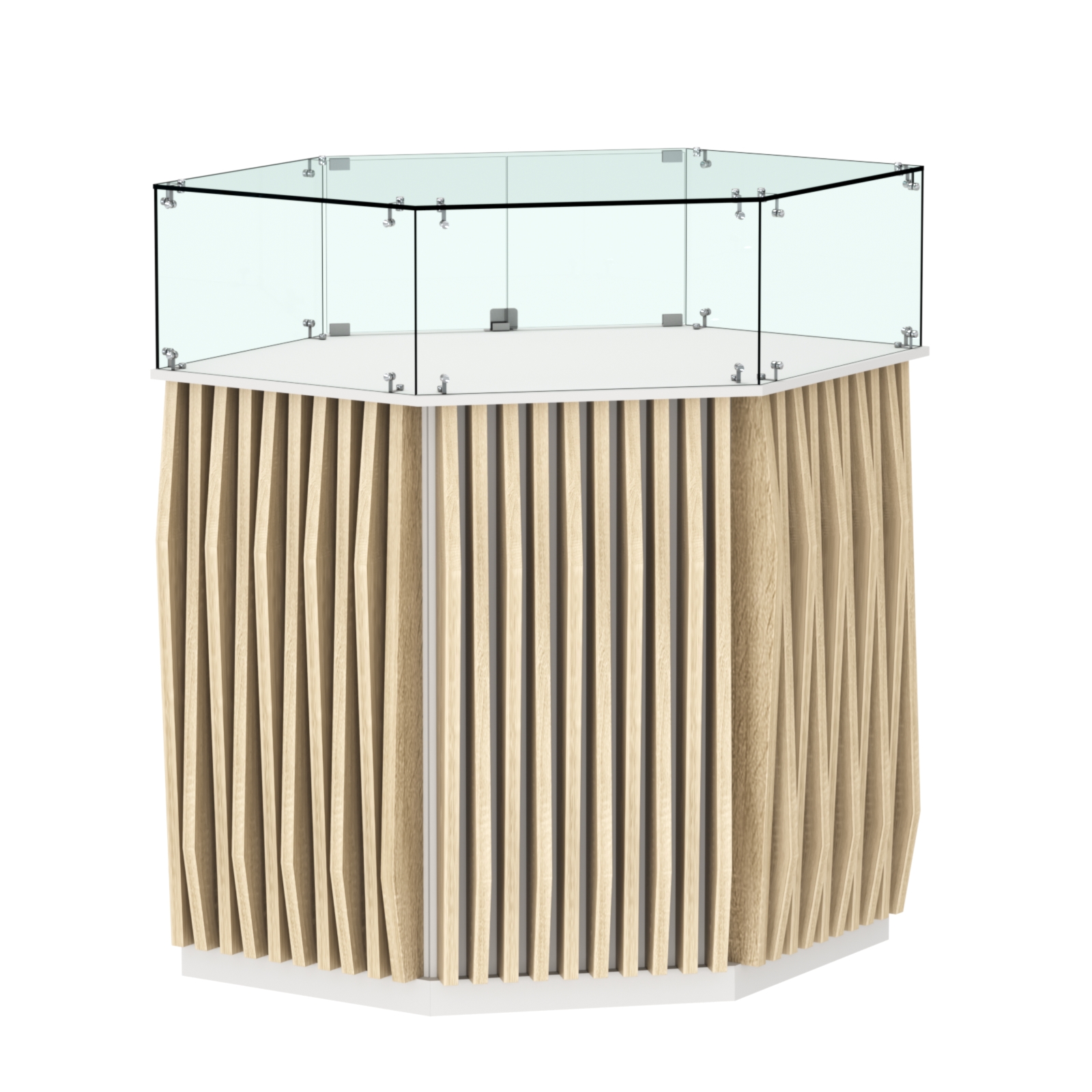 Торговый прилавок шестигранный с планками и стеклянным колпаком ОРНАМЕНТ №6 Белый + Дуб Сонома