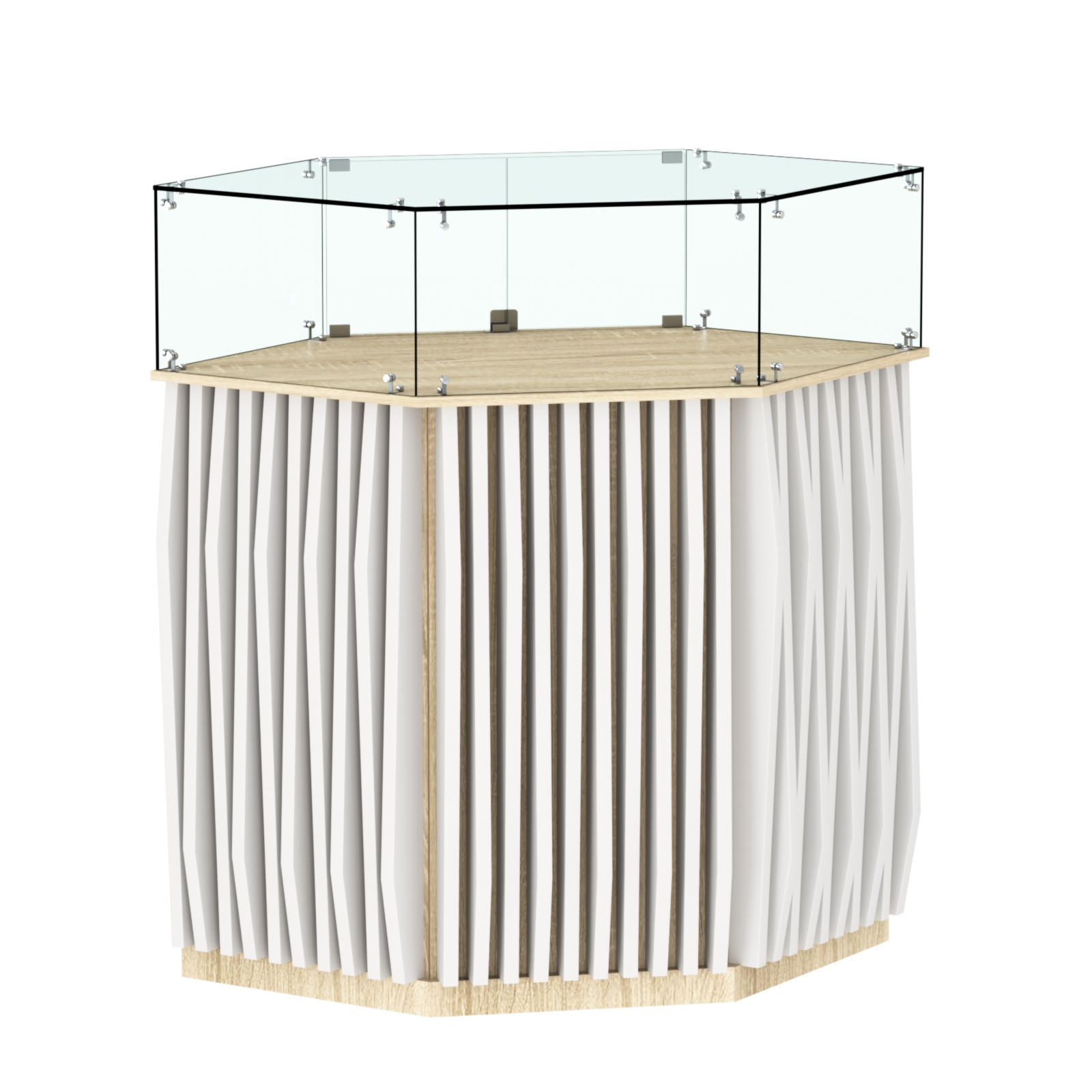 Торговый прилавок шестигранный с планками и стеклянным колпаком ОРНАМЕНТ №6 Дуб Сонома + Белый