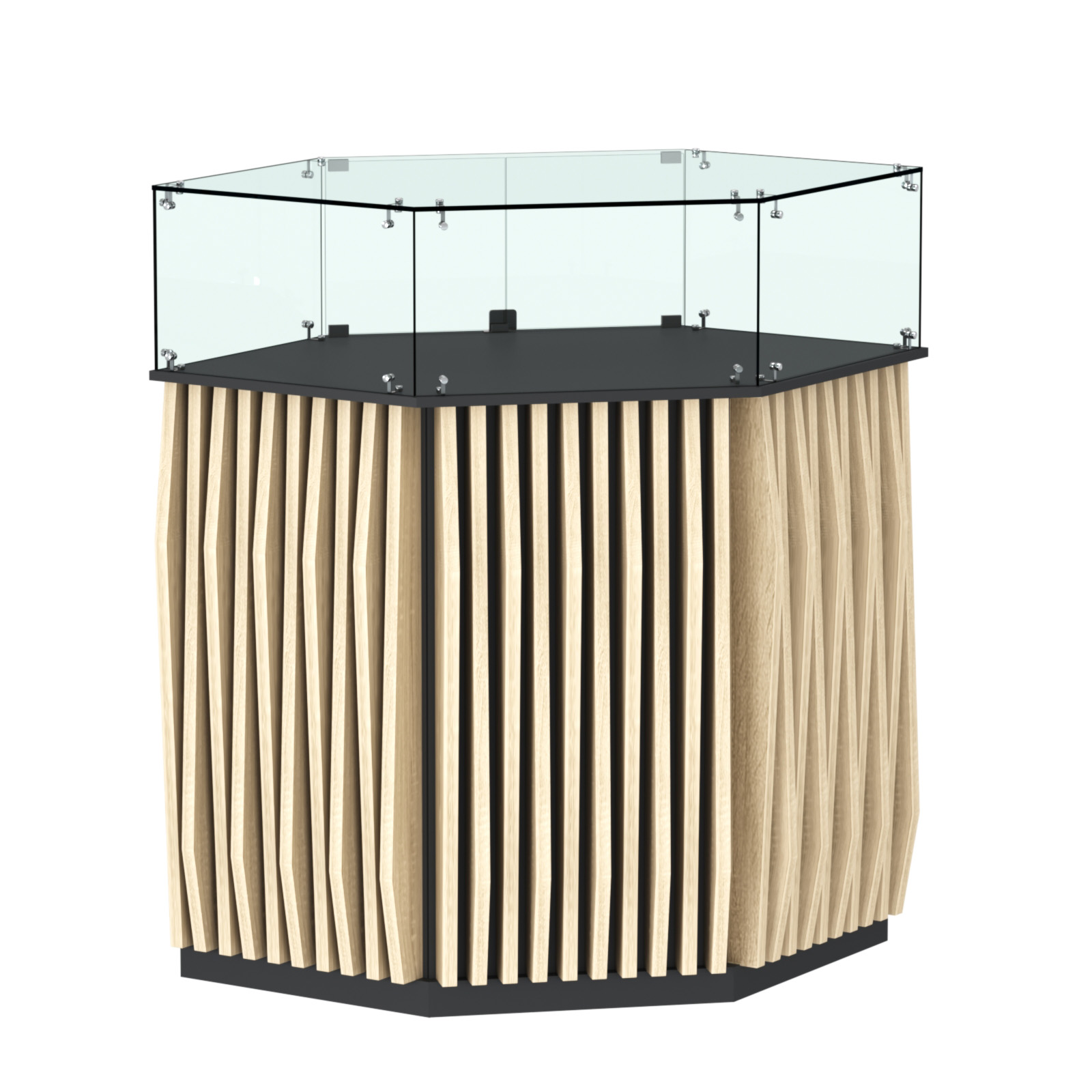 Торговый прилавок шестигранный с планками и стеклянным колпаком ОРНАМЕНТ №6 Черный + Дуб Сонома