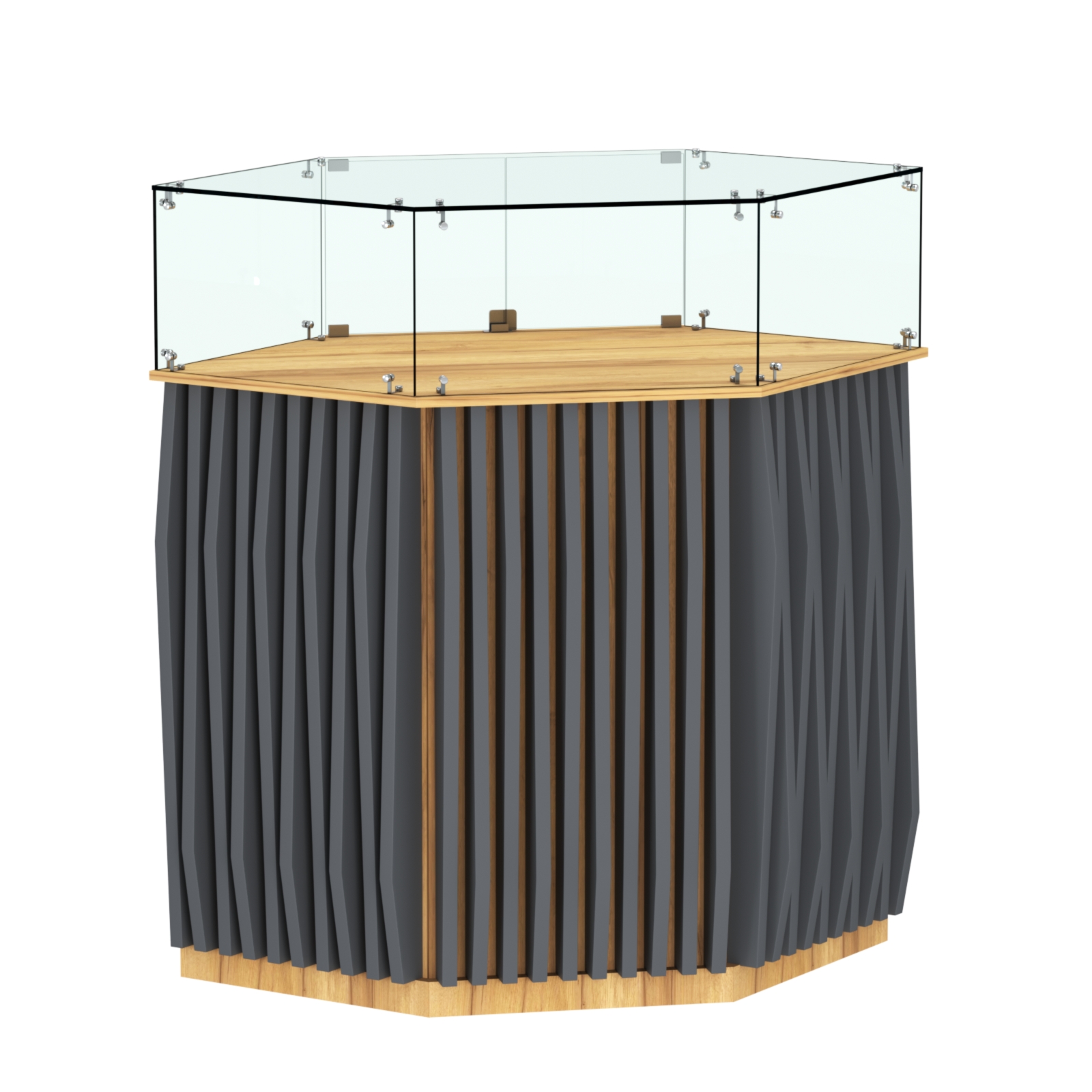 Торговый прилавок шестигранный с планками и стеклянным колпаком ОРНАМЕНТ №6 Дуб Золотистый и Темно-Серый