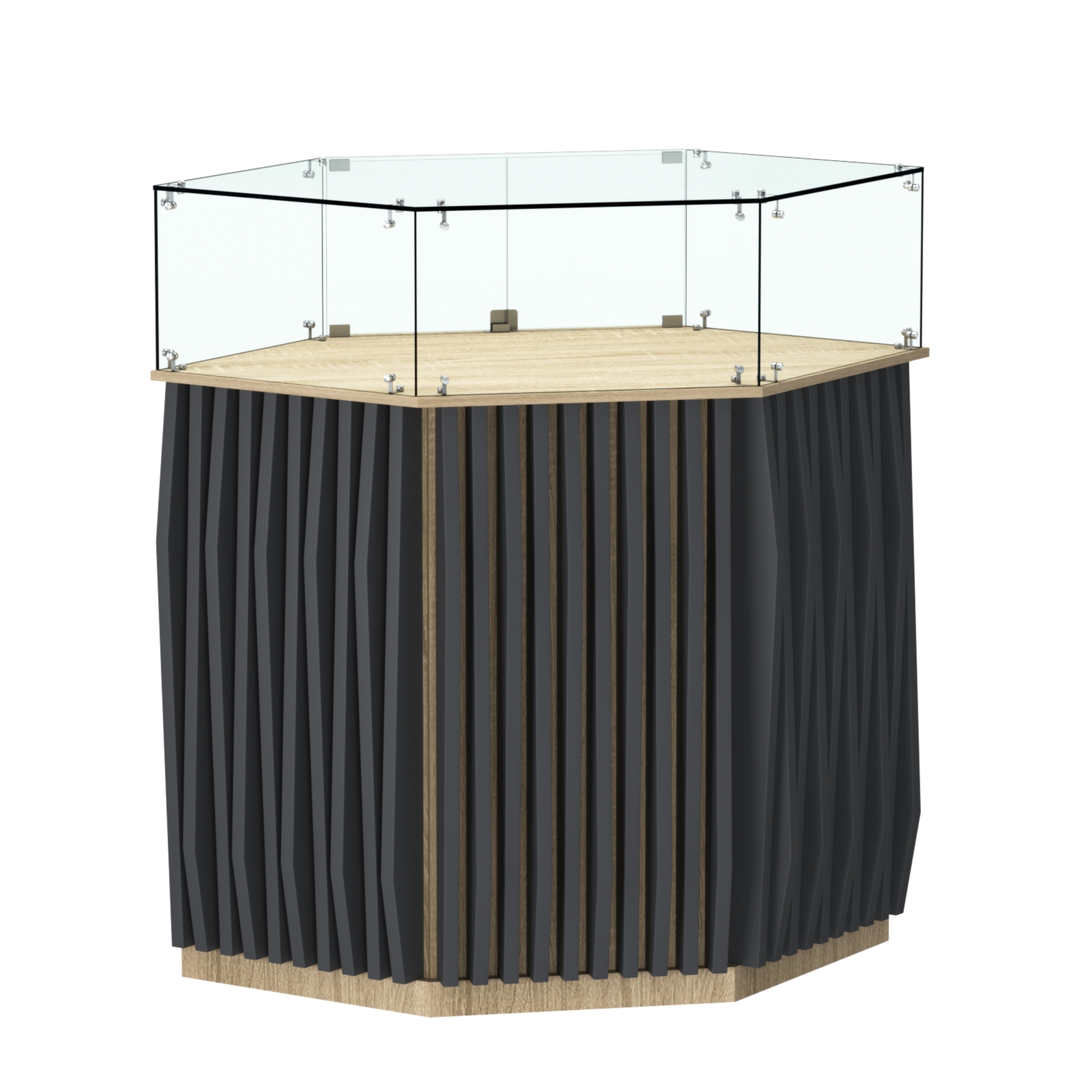 Торговый прилавок шестигранный с планками и стеклянным колпаком ОРНАМЕНТ №6 Дуб Сонома и Темно-Серый 5-U2601