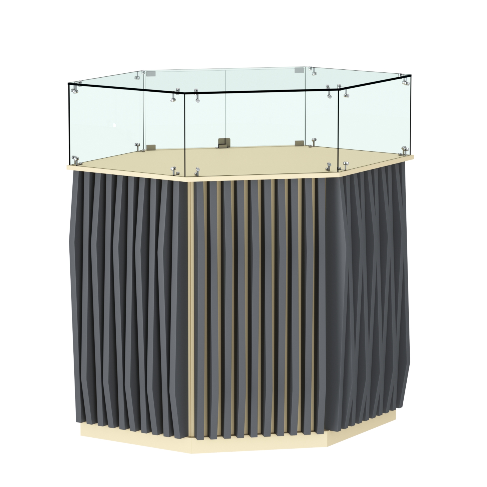 Торговый прилавок шестигранный с планками и стеклянным колпаком ОРНАМЕНТ №6 Крем Вайс и Темно Серый U2236-U2601