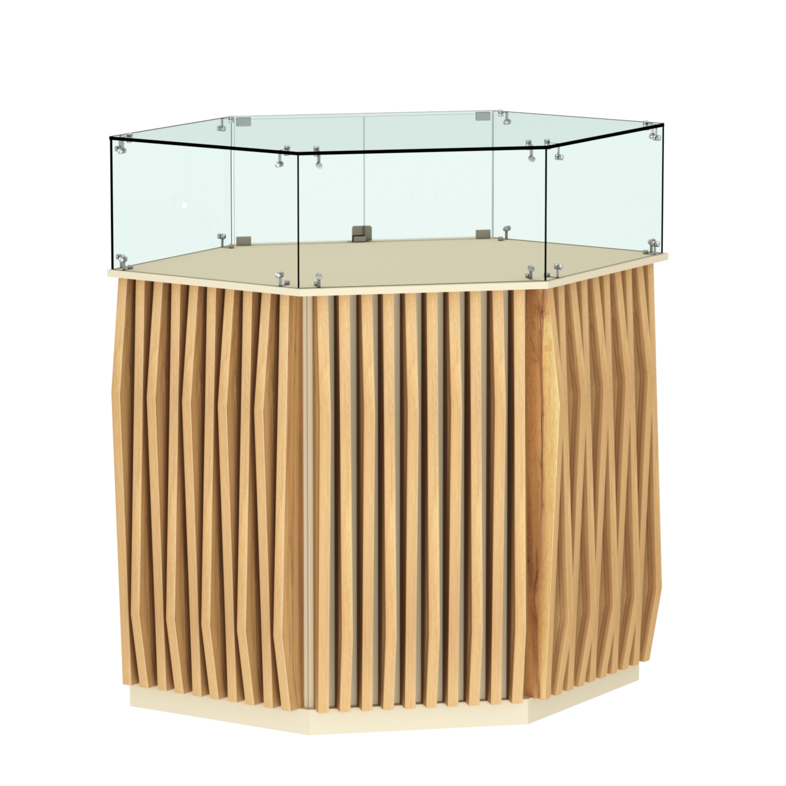 Торговый прилавок шестигранный с планками и стеклянным колпаком ОРНАМЕНТ №6 Крем Вайс и Дуб Золотистый