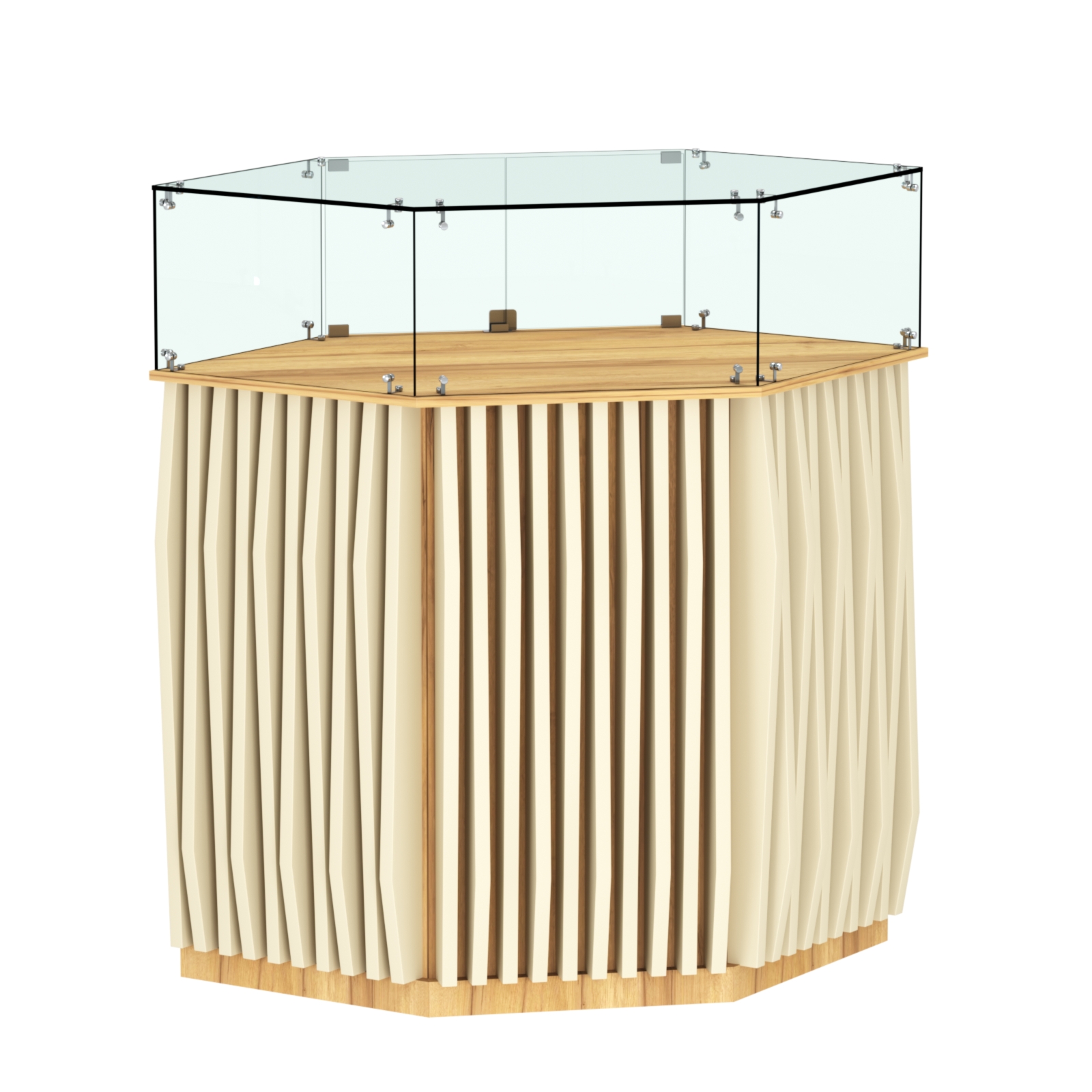 Торговый прилавок шестигранный с планками и стеклянным колпаком ОРНАМЕНТ №6 Дуб Золотистый и Крем Вайс