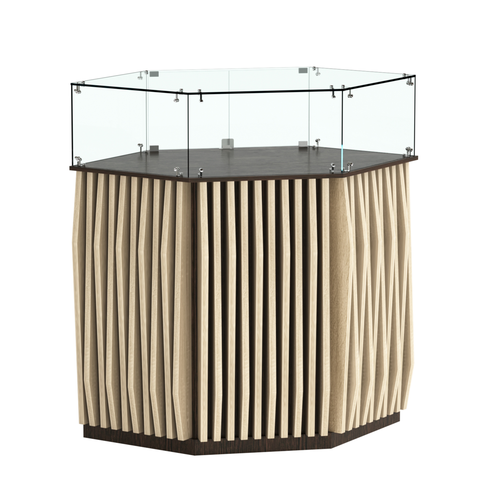 Торговый прилавок шестигранный с планками и стеклянным колпаком ОРНАМЕНТ №6 Дуб Венге + Дуб Сонома