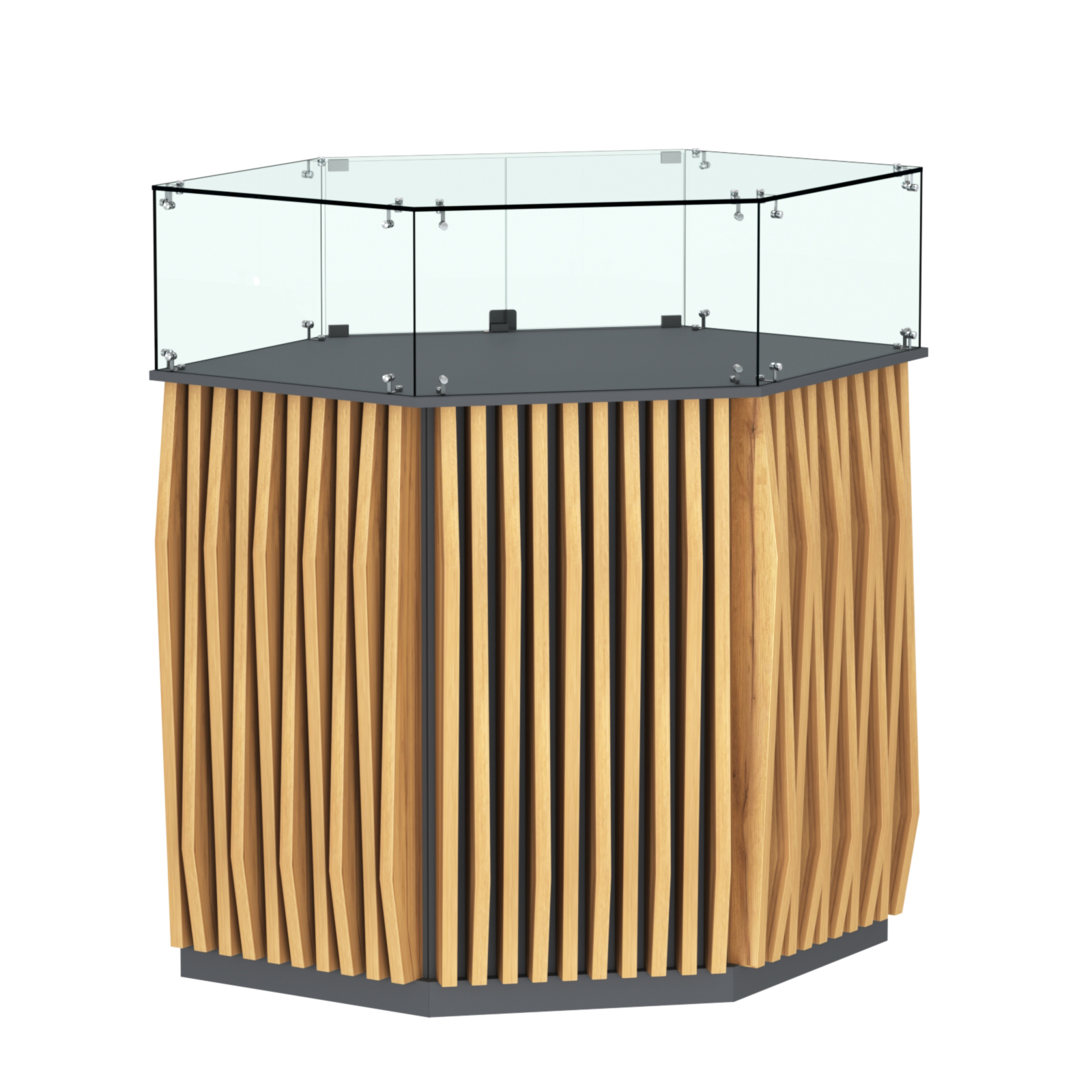 Торговый прилавок шестигранный с планками и стеклянным колпаком ОРНАМЕНТ №6 Темно-Серый  + Дуб Золотистый