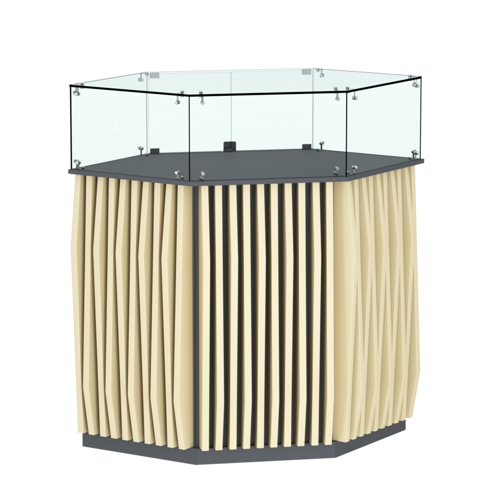 Торговый прилавок шестигранный с планками и стеклянным колпаком ОРНАМЕНТ №6 Темно-серый + Крем Вайс