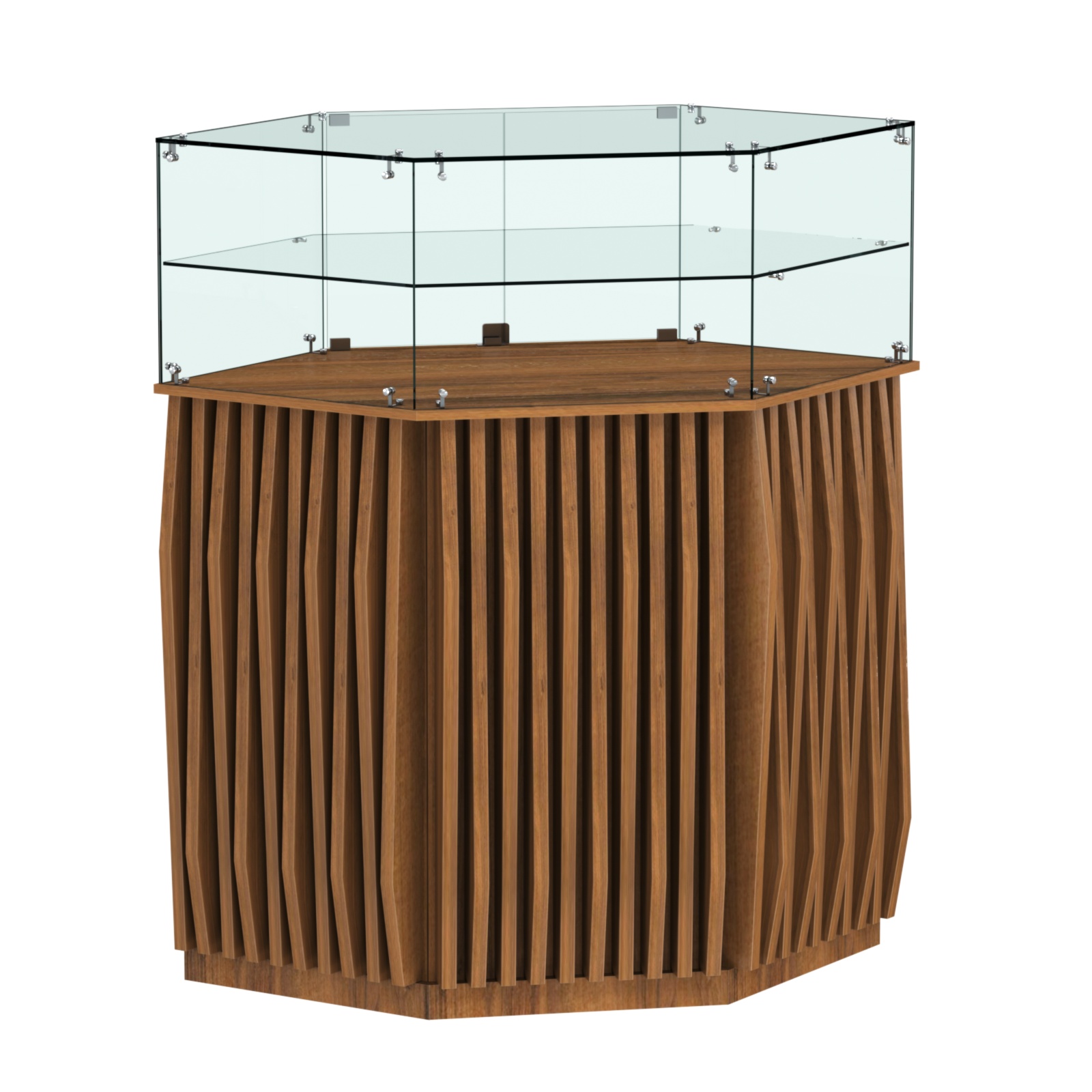 Торговый прилавок шестигранный с планками и одной полкой ОРНАМЕНТ №7 Орех