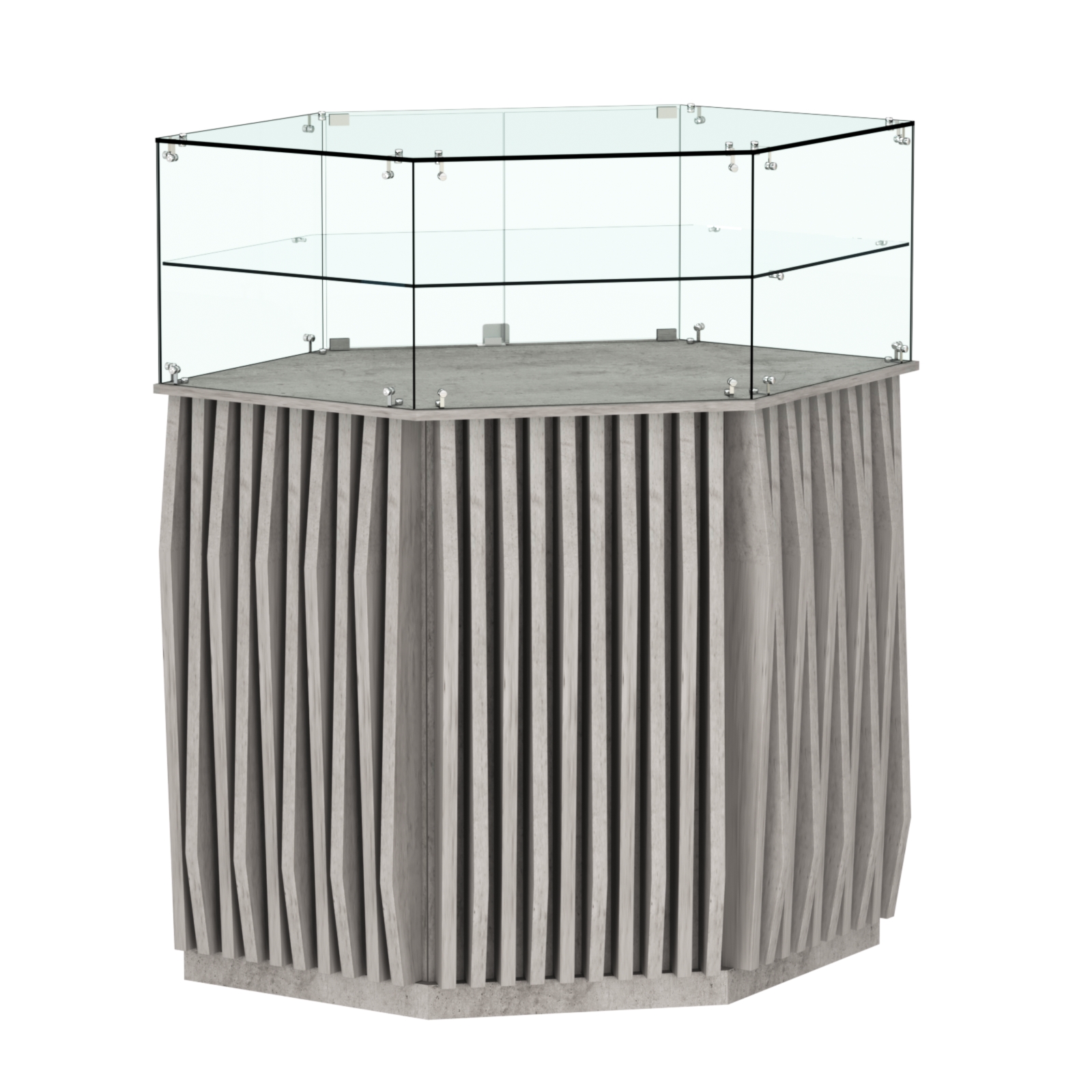 Торговый прилавок шестигранный с планками и одной полкой ОРНАМЕНТ №7 Бетон Чикаго светло-серый F186 ST9