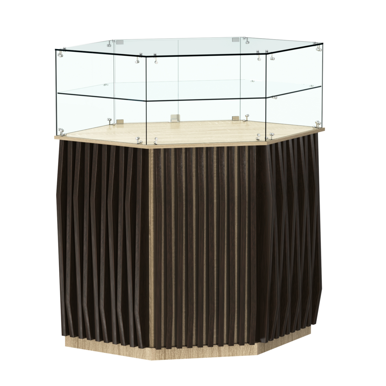 Торговый прилавок шестигранный с планками и одной полкой ОРНАМЕНТ №7 Дуб Сонома + Дуб Венге