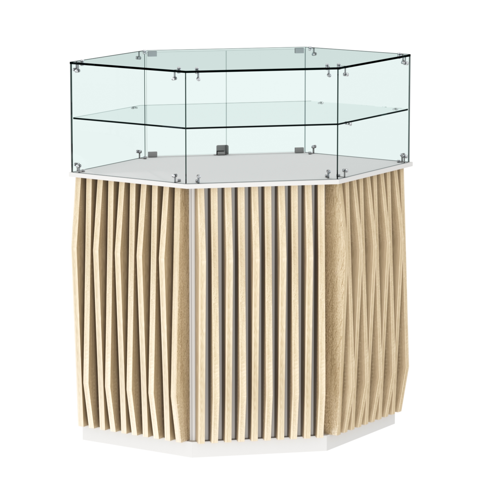 Торговый прилавок шестигранный с планками и одной полкой ОРНАМЕНТ №7 Белый + Дуб Сонома