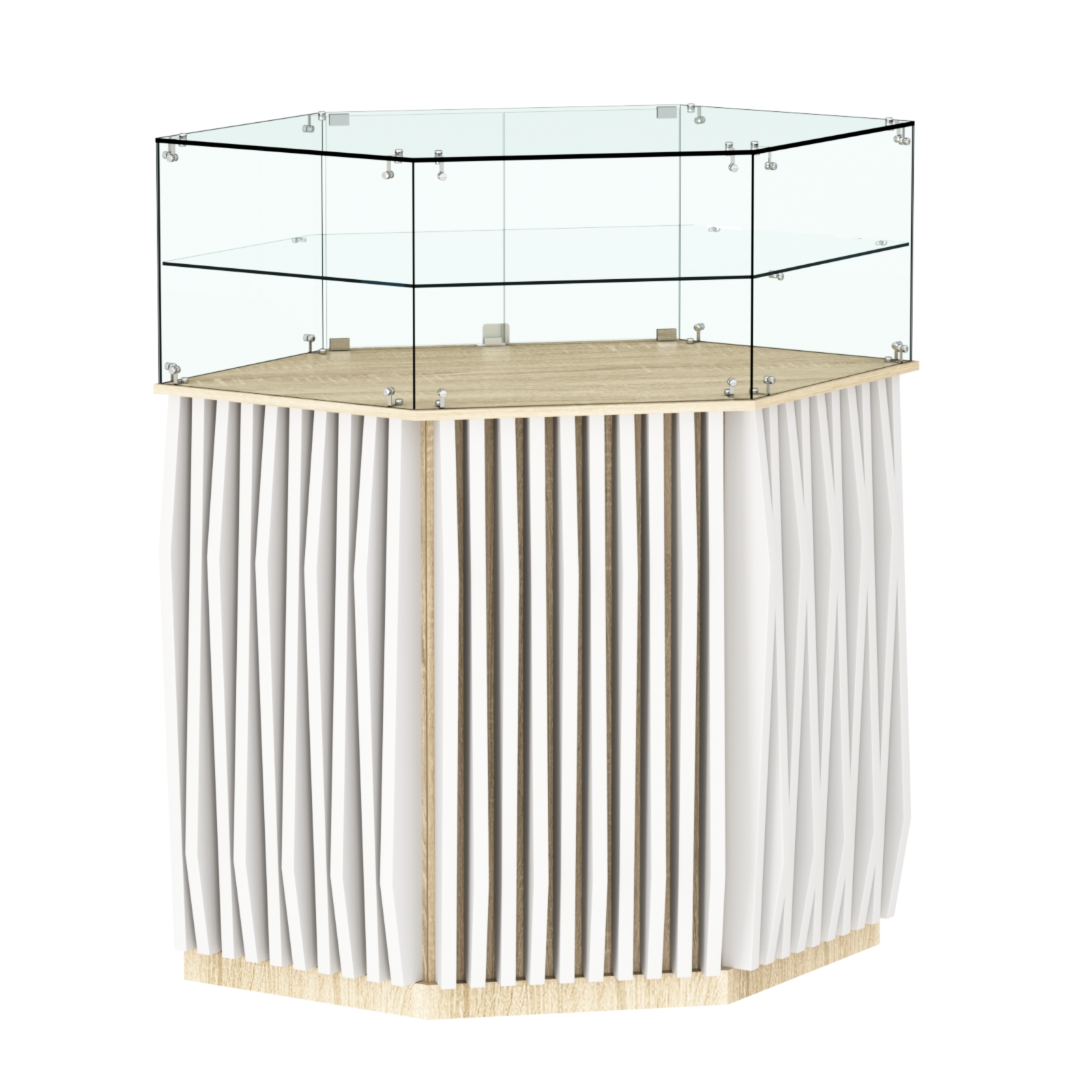 Торговый прилавок шестигранный с планками и одной полкой ОРНАМЕНТ №7 Дуб Сонома + Белый