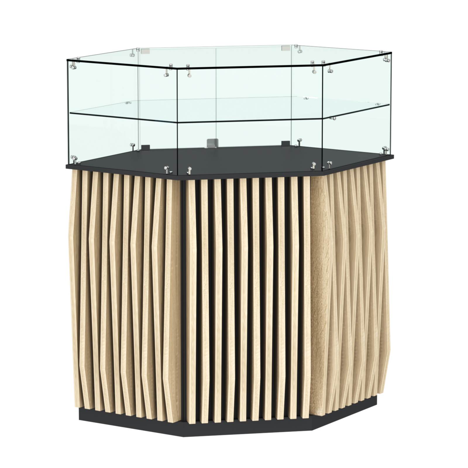 Торговый прилавок шестигранный с планками и одной полкой ОРНАМЕНТ №7 Черный + Дуб Сонома