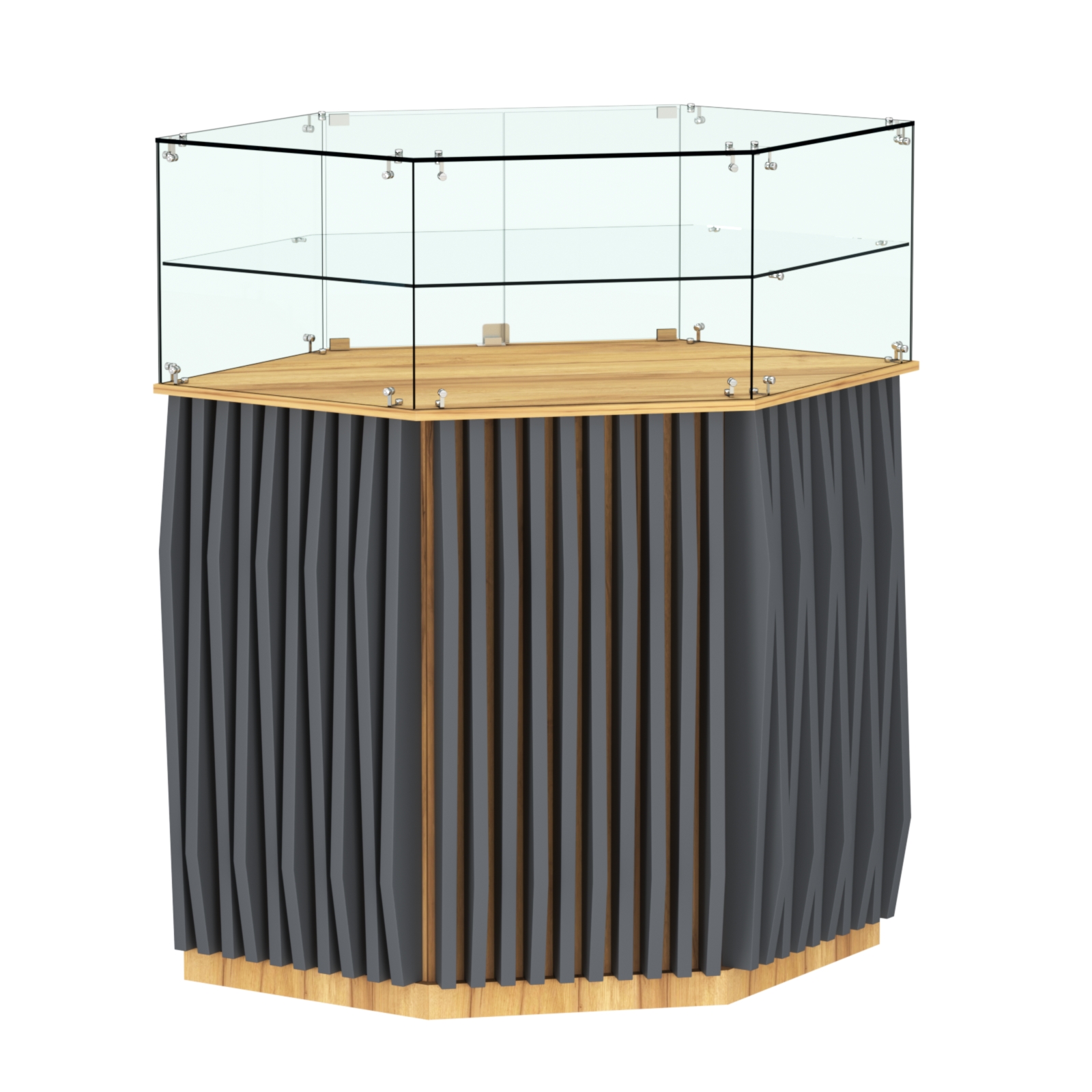 Торговый прилавок шестигранный с планками и одной полкой ОРНАМЕНТ №7 Дуб Золотистый и Темно-Серый