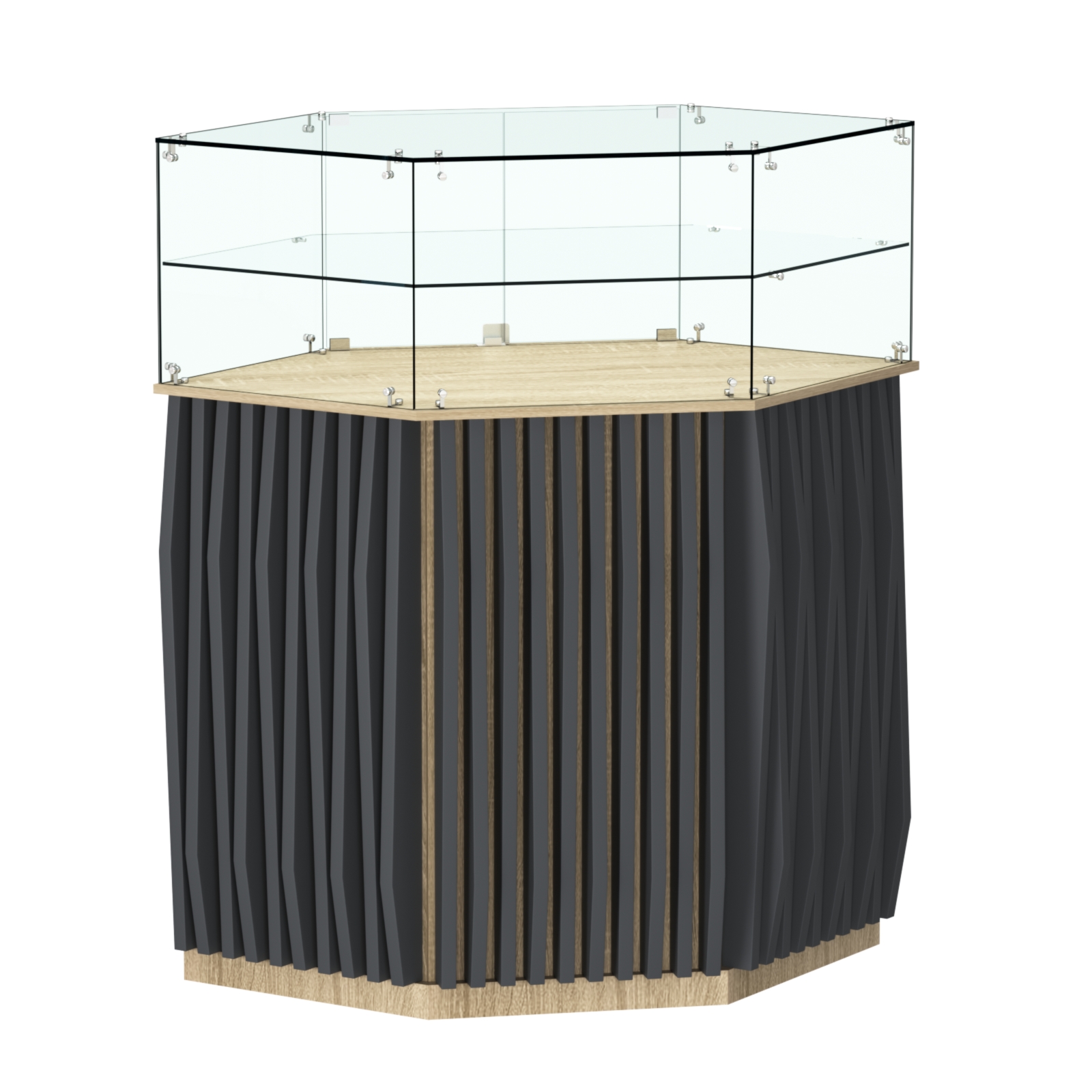 Торговый прилавок шестигранный с планками и одной полкой ОРНАМЕНТ №7 Дуб Сонома и Темно-Серый 5-U2601