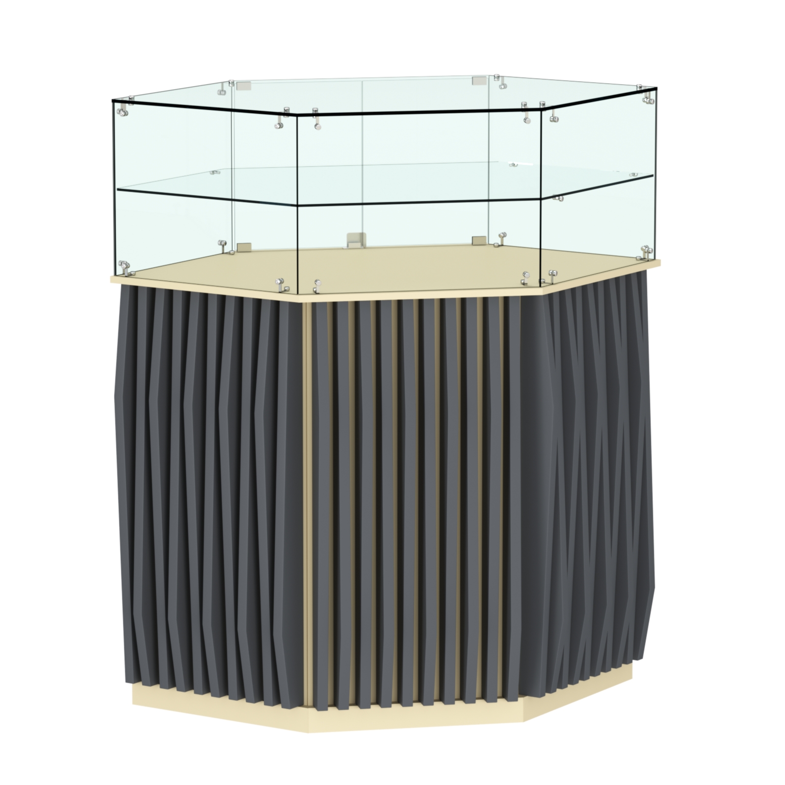 Торговый прилавок шестигранный с планками и одной полкой ОРНАМЕНТ №7 Крем Вайс и Темно Серый U2236-U2601