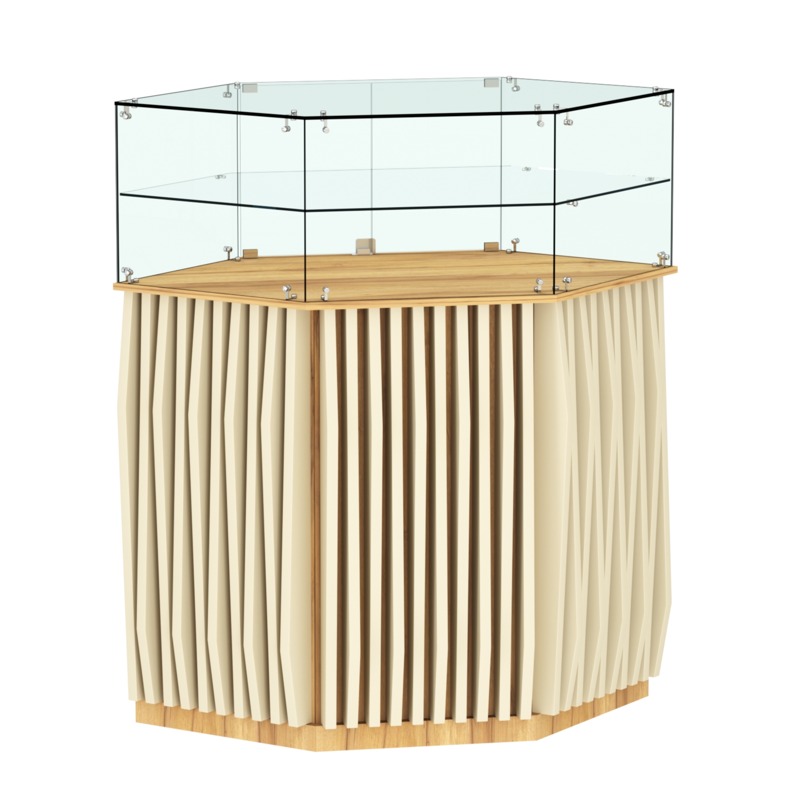 Торговый прилавок шестигранный с планками и одной полкой ОРНАМЕНТ №7 Дуб Золотистый и Крем Вайс