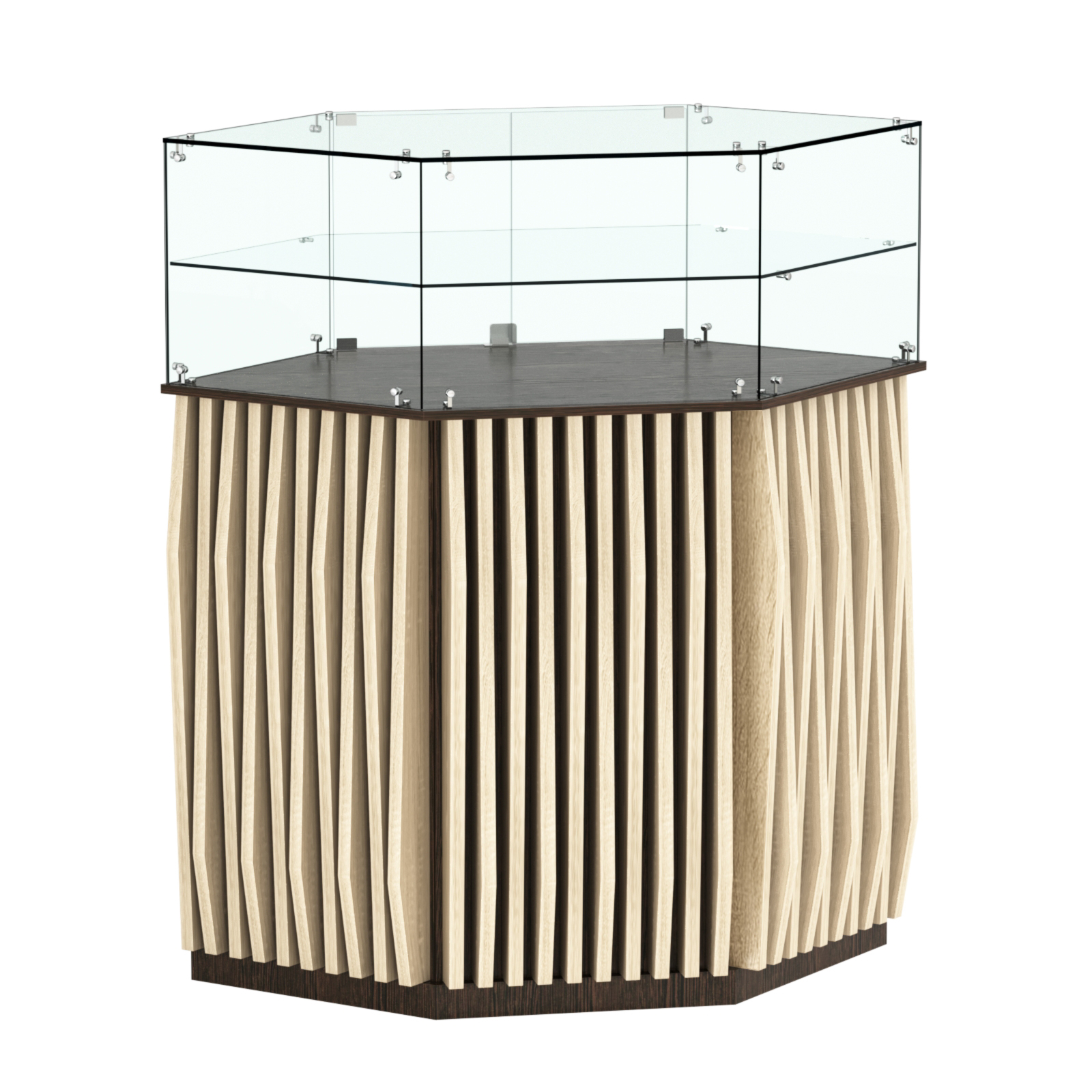 Торговый прилавок шестигранный с планками и одной полкой ОРНАМЕНТ №7 Дуб Венге + Дуб Сонома