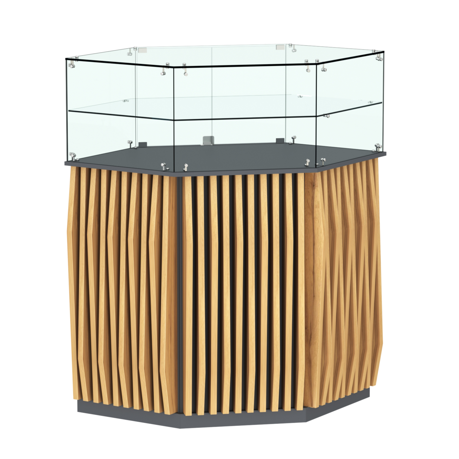 Торговый прилавок шестигранный с планками и одной полкой ОРНАМЕНТ №7 Темно-Серый  + Дуб Золотистый