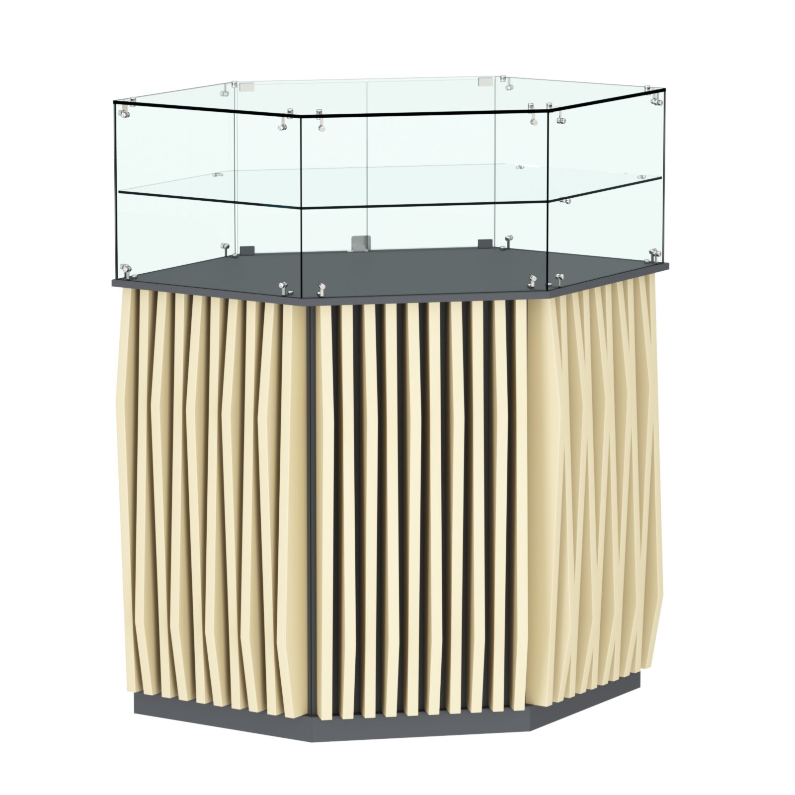 Торговый прилавок шестигранный с планками и одной полкой ОРНАМЕНТ №7 Темно-серый + Крем Вайс