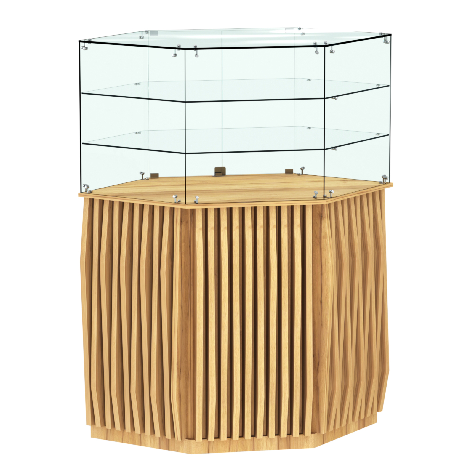 Торговый прилавок шестигранный с планками и двумя полками ОРНАМЕНТ №8 Дуб Золотистый