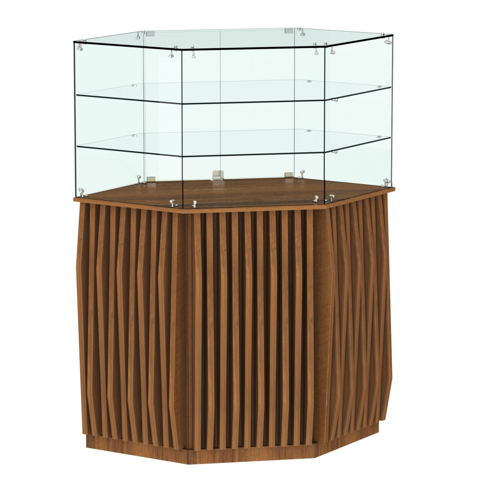Торговый прилавок шестигранный с планками и двумя полками ОРНАМЕНТ №8 Орех
