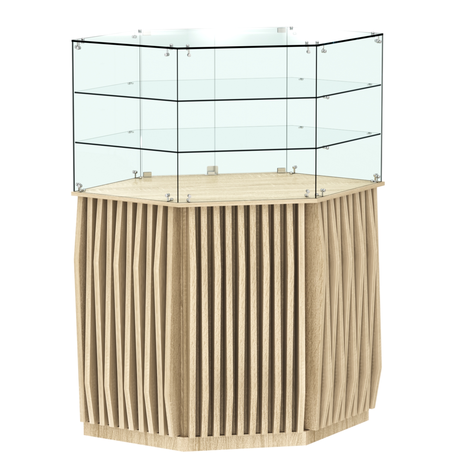 Торговый прилавок шестигранный с планками и двумя полками ОРНАМЕНТ №8 Дуб сонома