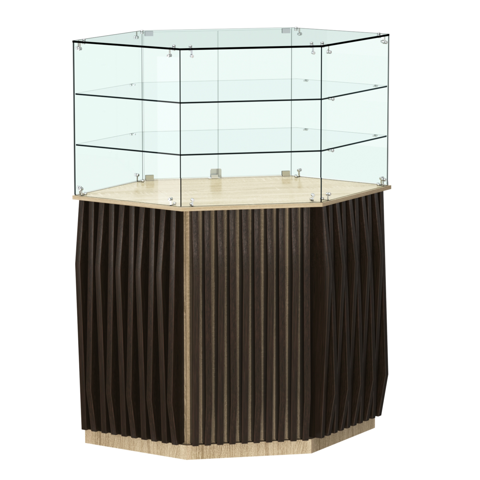 Торговый прилавок шестигранный с планками и двумя полками ОРНАМЕНТ №8 Дуб Сонома + Дуб Венге