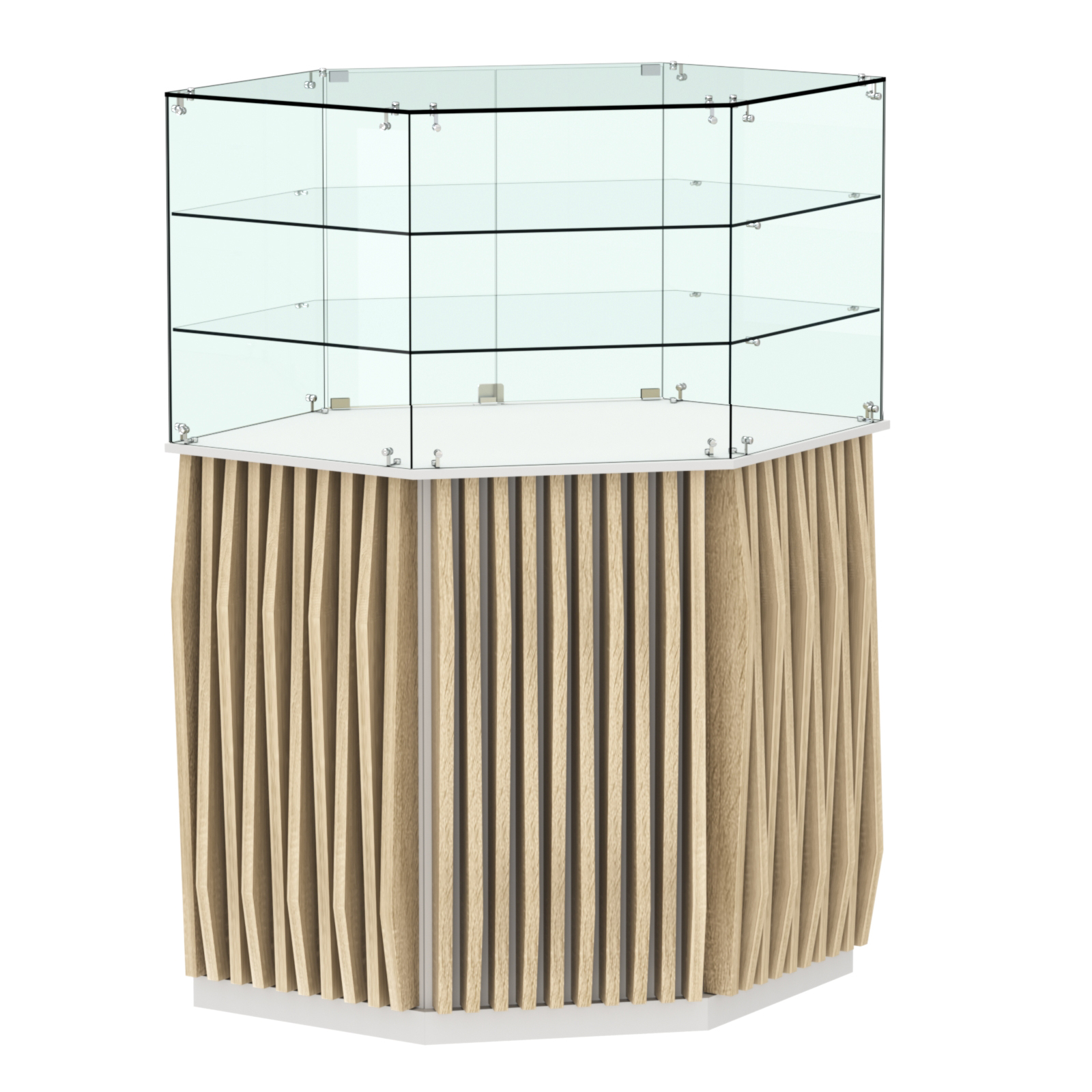 Торговый прилавок шестигранный с планками и двумя полками ОРНАМЕНТ №8 Белый + Дуб Сонома