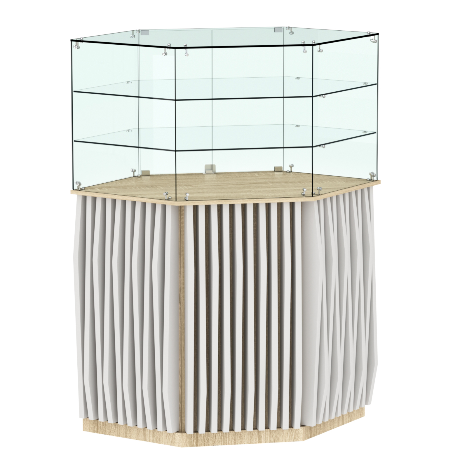 Торговый прилавок шестигранный с планками и двумя полками ОРНАМЕНТ №8 Дуб Сонома + Белый